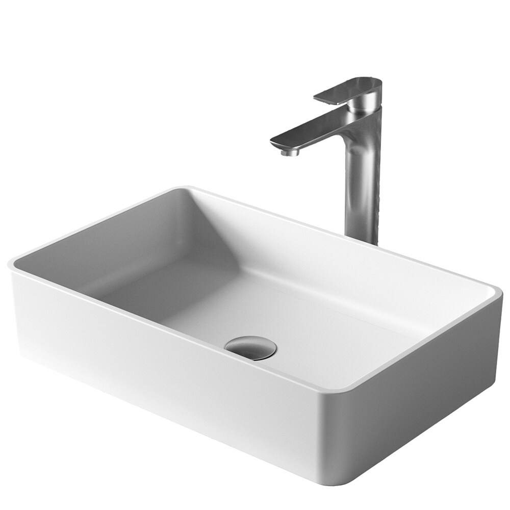 Karran QM176WH422SS  Quattro QM176 Matte White Acrylic 21 in. Rectangular Bathroom Vessel Sink with Faucet and drain in Stainless Steel