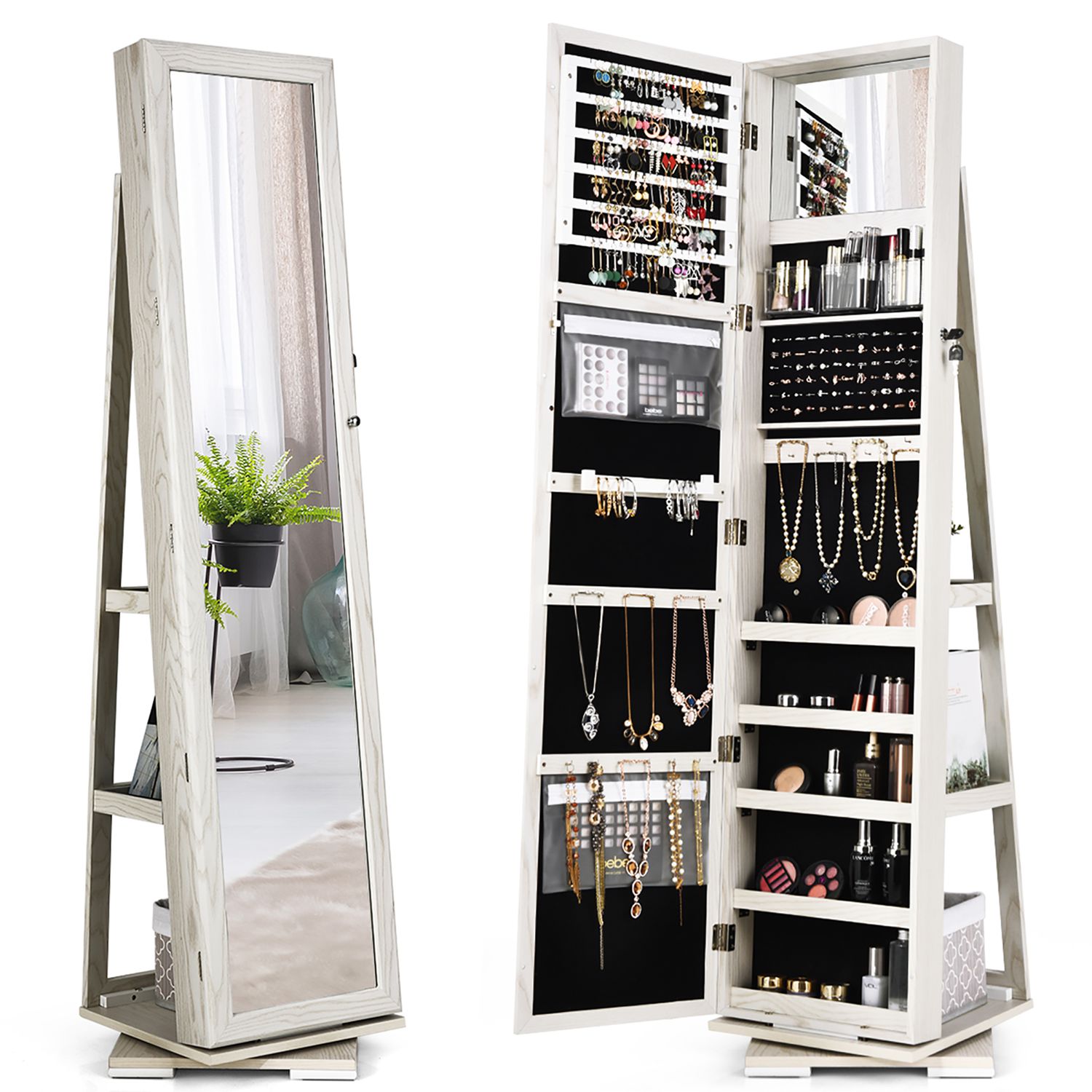 Costway CSHY000158 360degree Rotatable Jewelry Cabinet 2-in-1 Lockable Mirrored Organizer White