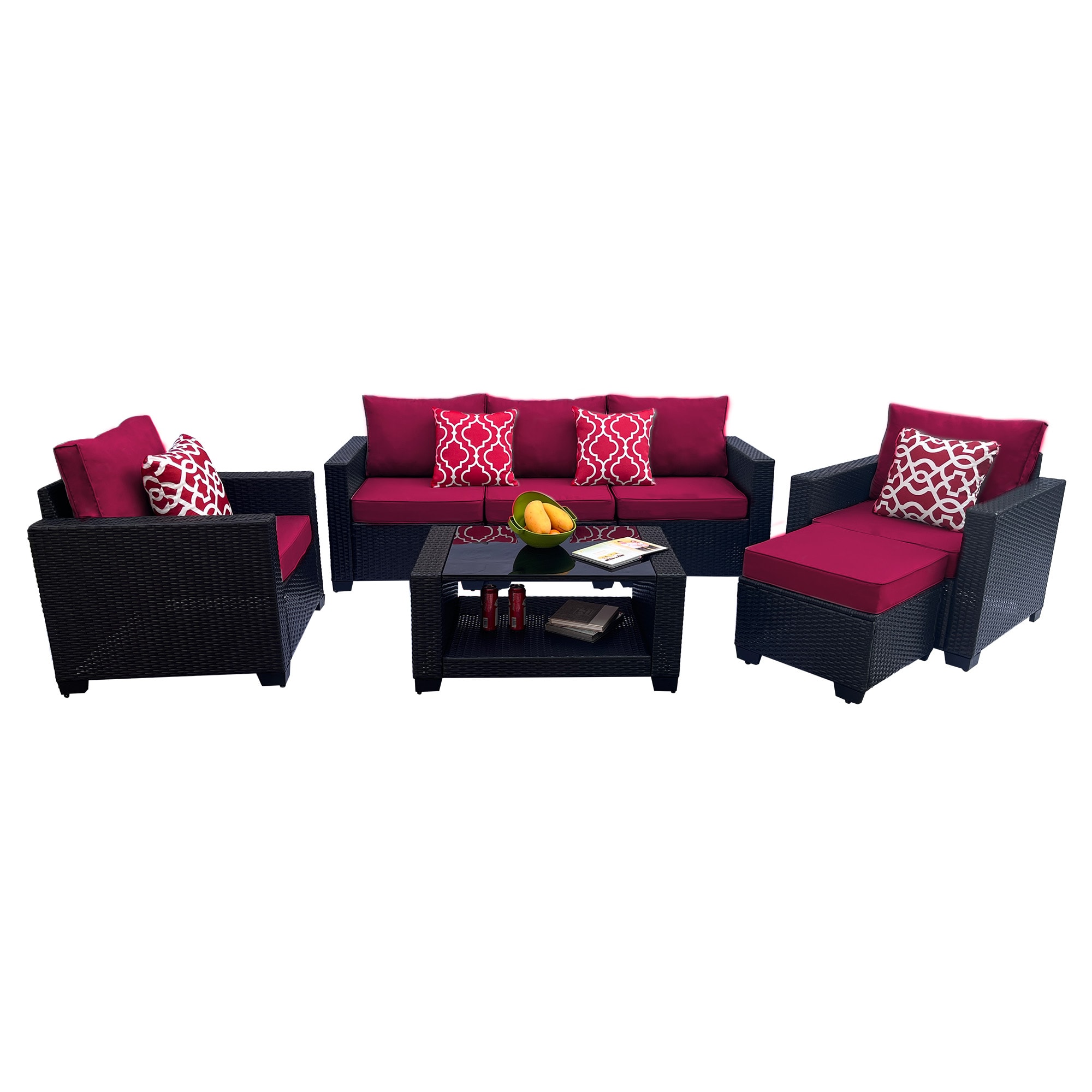 Laila 7-Piece Wicker Patio Conversation Set with Red Cushions | - AHIOU HOME ZAAHG-S00047SF