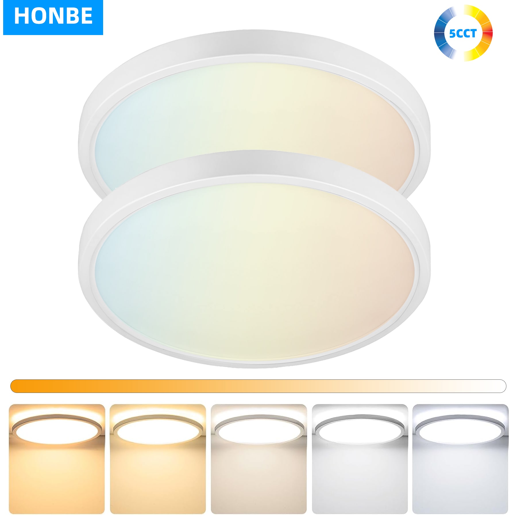 Honbei 2 Pack of 16 inch 40Watt 5CCT Color Selectable LED Flush Mount Light Fixture 4800 Lumens