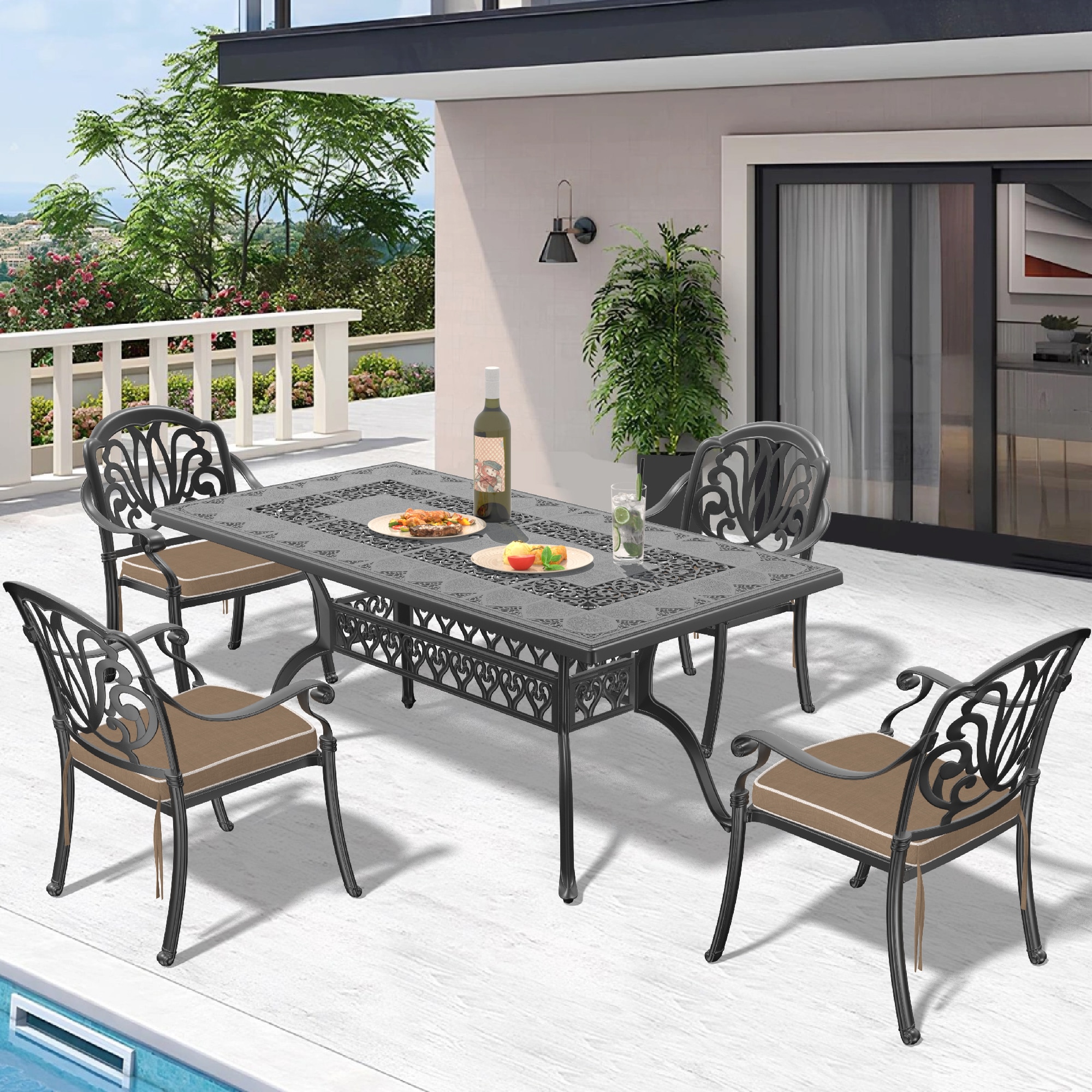 nicesure SLBK6002CZ4A1176RC 5 -Piece Black Patio Dining Set Aluminum Rectangle Table with 4 Cushions Stackable Stationary Chairs