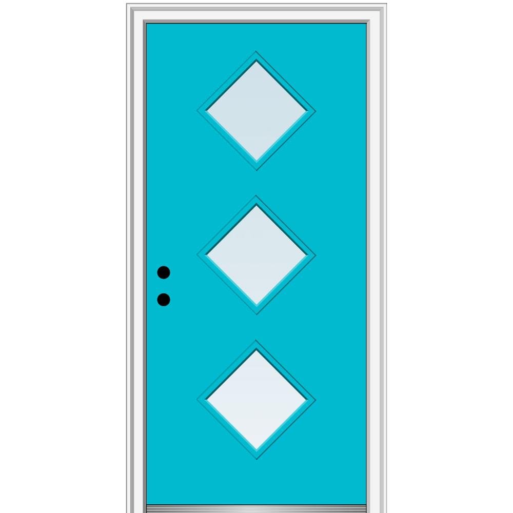 MMI DOOR ZZ348909R Spotlights 32-in x 80-in x 6-9/16-in Fiberglass Pulse lite Right-hand inswing Bahama Blue Painted Prehung Front Door with Brickmould Insulating core