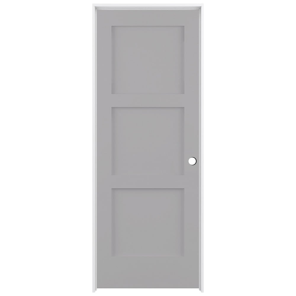 RELIABILT LO1369324 24-in x 80-in Driftwood Solid core 3-panel square Left hand Smooth Prefinished Pine Wood Flat Jamb Single Prehung Interior Door