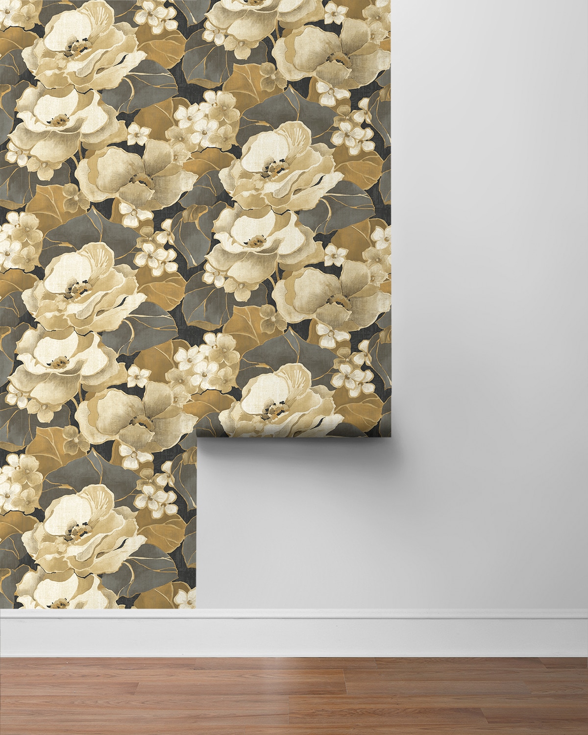 Ebony and Antique Gold Floral Peel and Stick Wallpaper