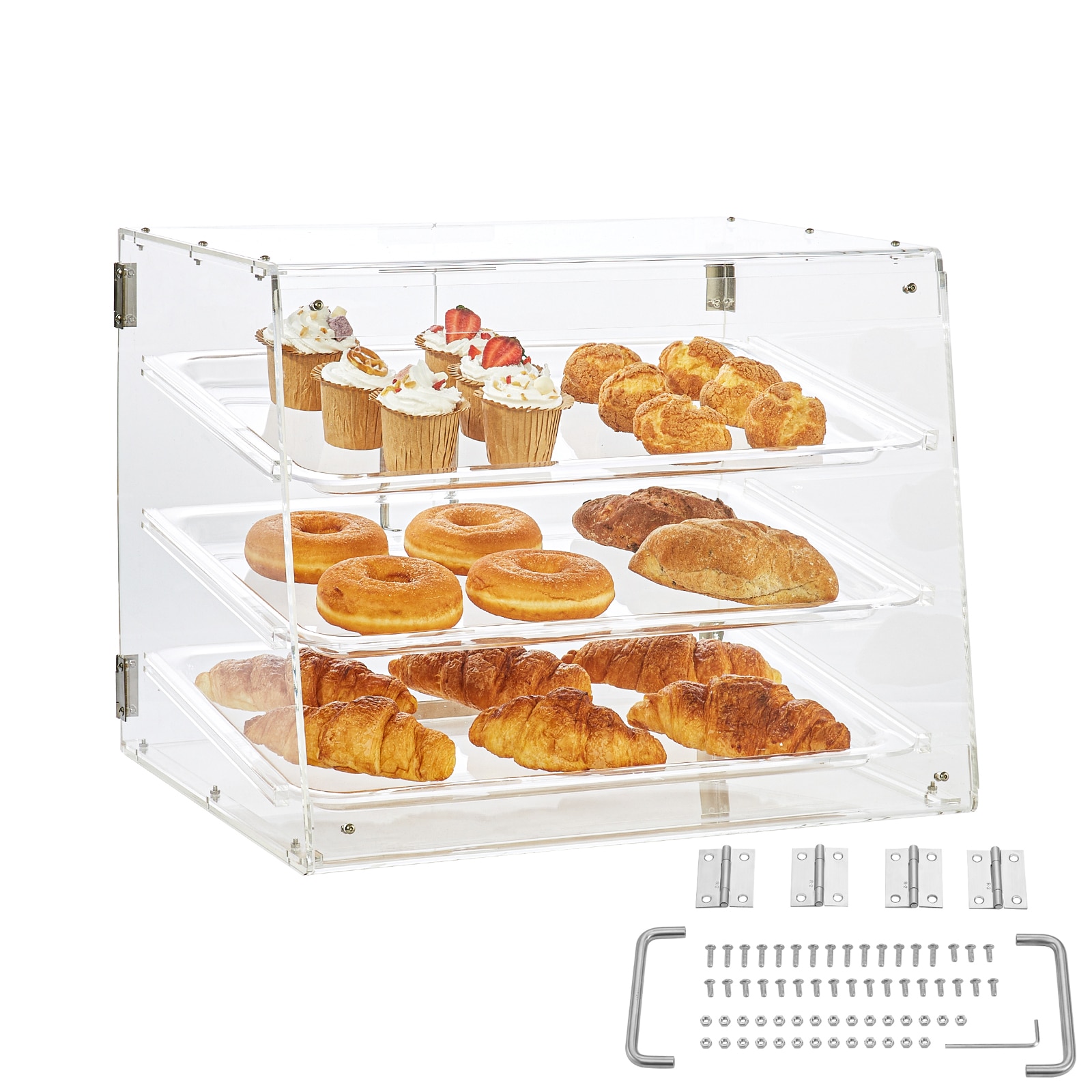 VEVOR SCYKLMBZSJYK02853V0 Pastry Display Case  3-Tier Commercial Countertop Bakery Display Case  Acrylic Display Box with Rear Door Access and Removable Shelves  Keep Fresh for Donut Bagels Cake Cookie  20.7in x14.2in x16.3in