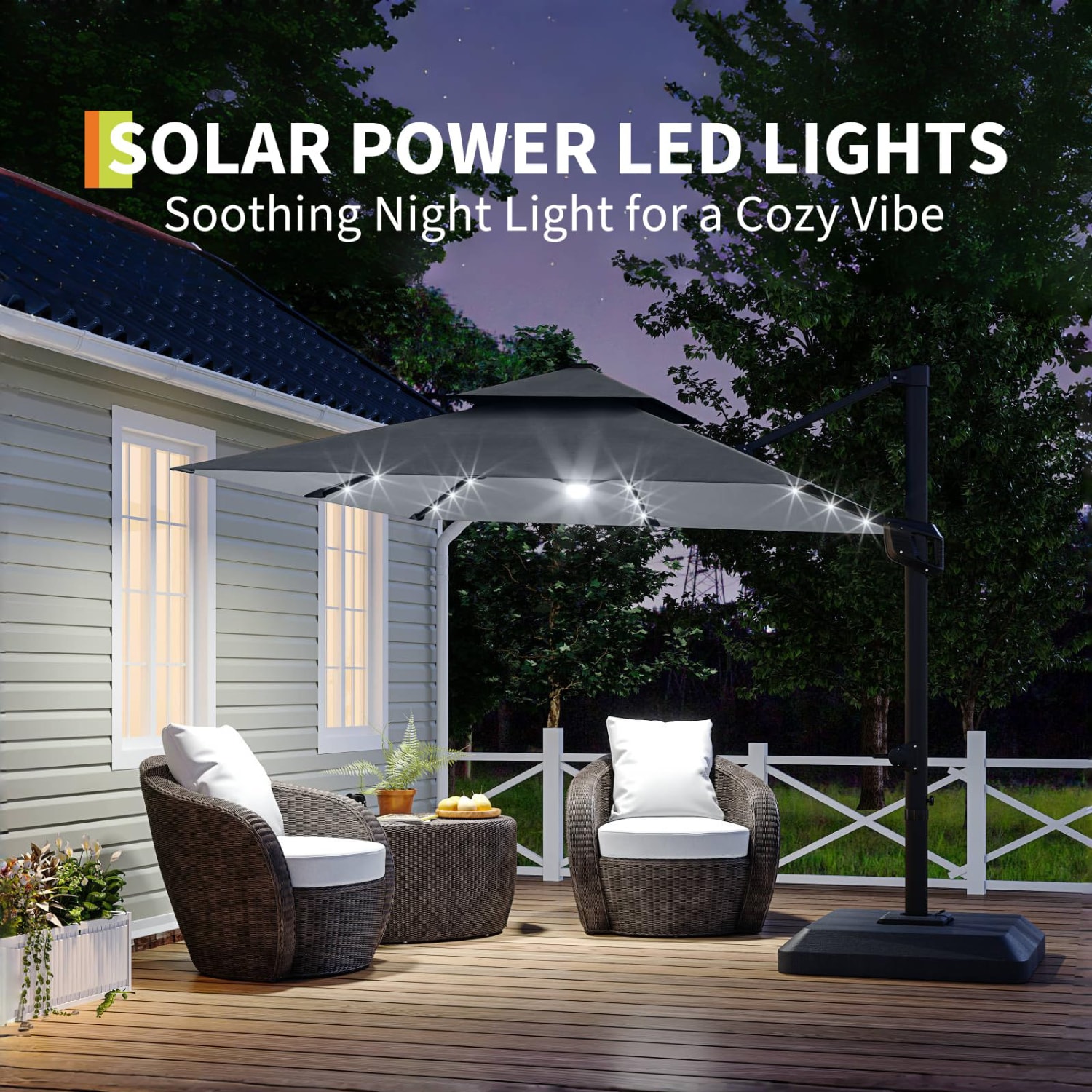 Aoile 10ft Square Offset Patio Umbrella with Base and Solar LED Lights ...