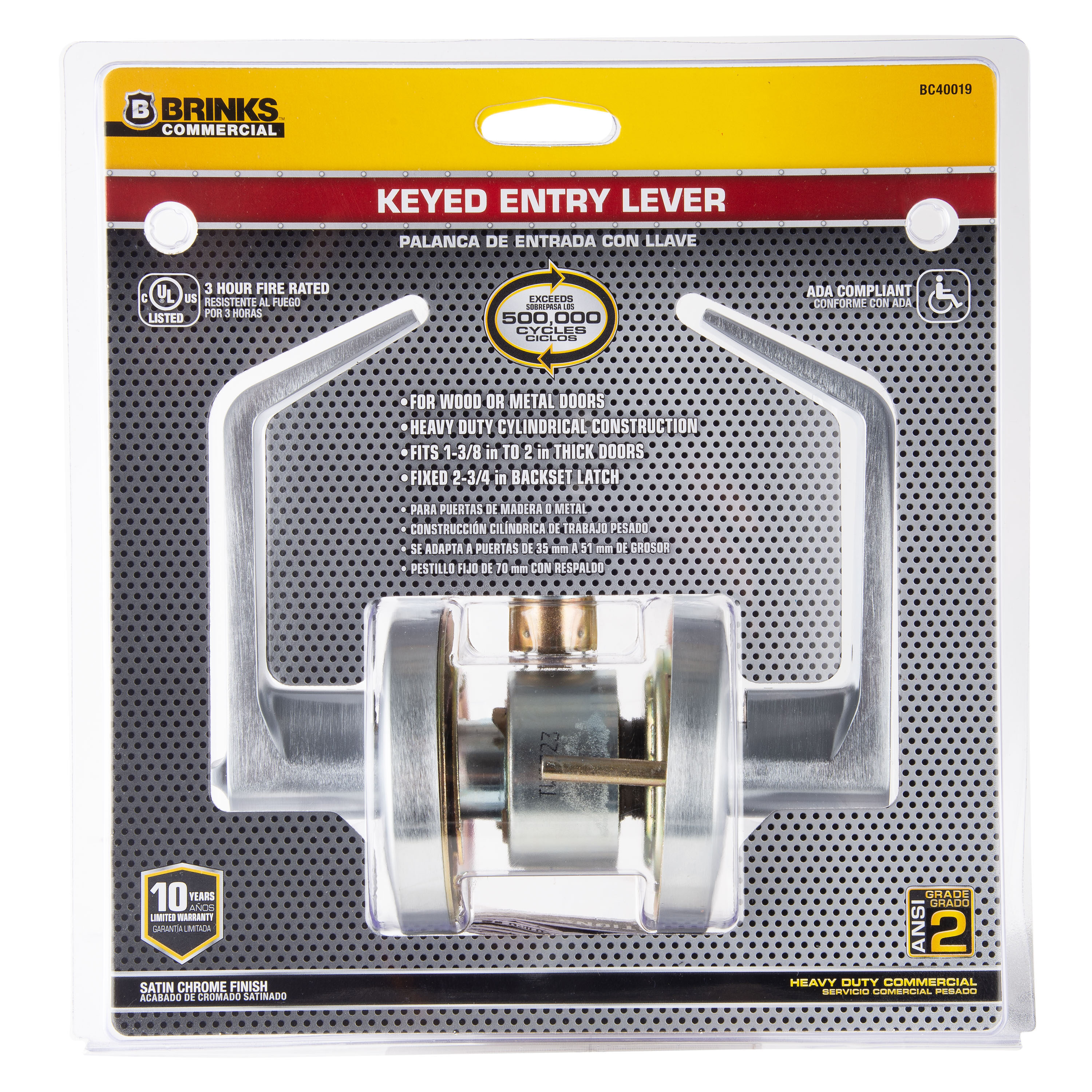 BRINKS COMMERCIAL BC40019 Heavy Duty Commercial Lever Satin Chrome Interior/Exterior Keyed entry Door Handle