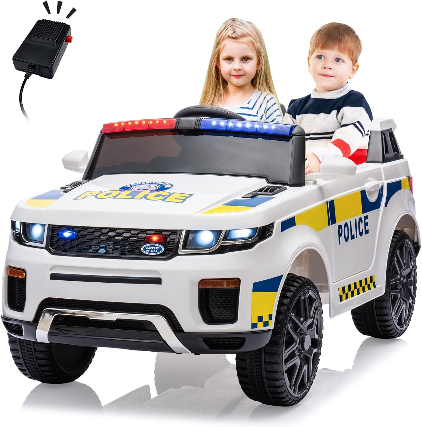 Der Rose RIDE ON CAR-002921 12V Kids Ride On Police Car With Sirens Flashing Lights Remote Control Usb Music Spring Suspension And Retractable Handle For Toddlers White