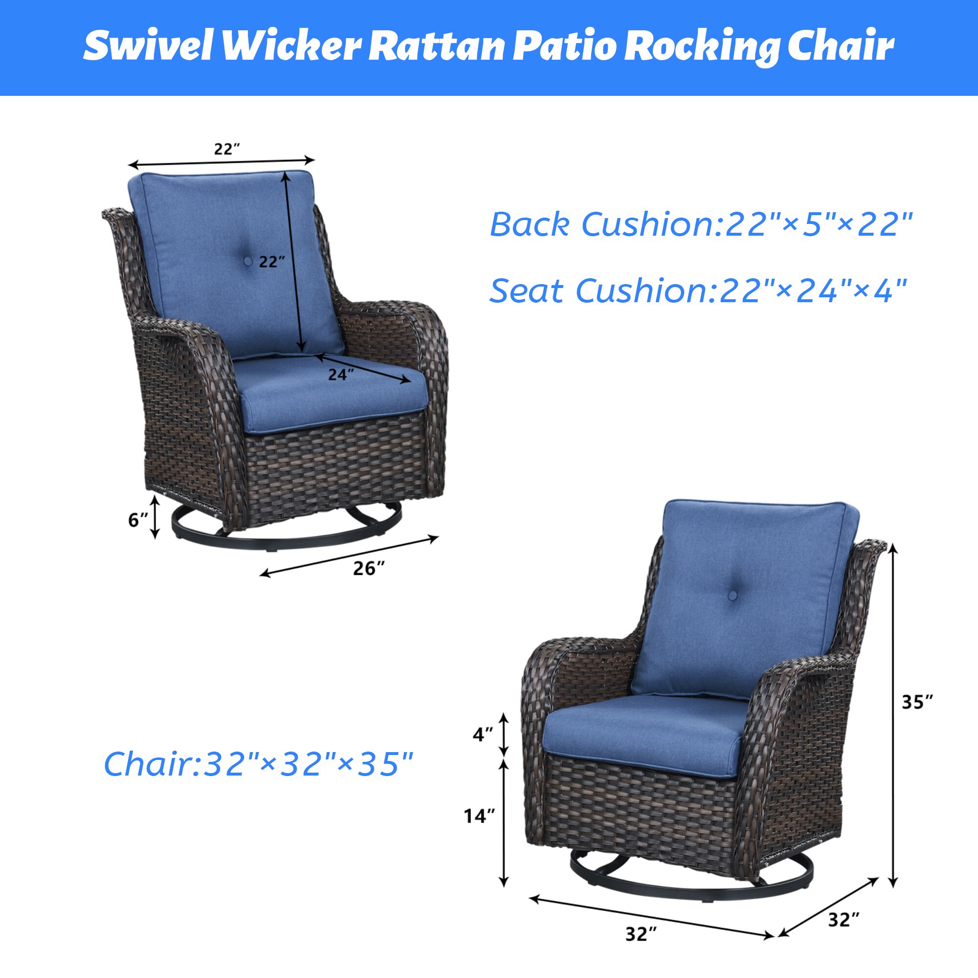 Curved Handrail Blue Cushioned Brown Wicker Swivel Glider Chair Set