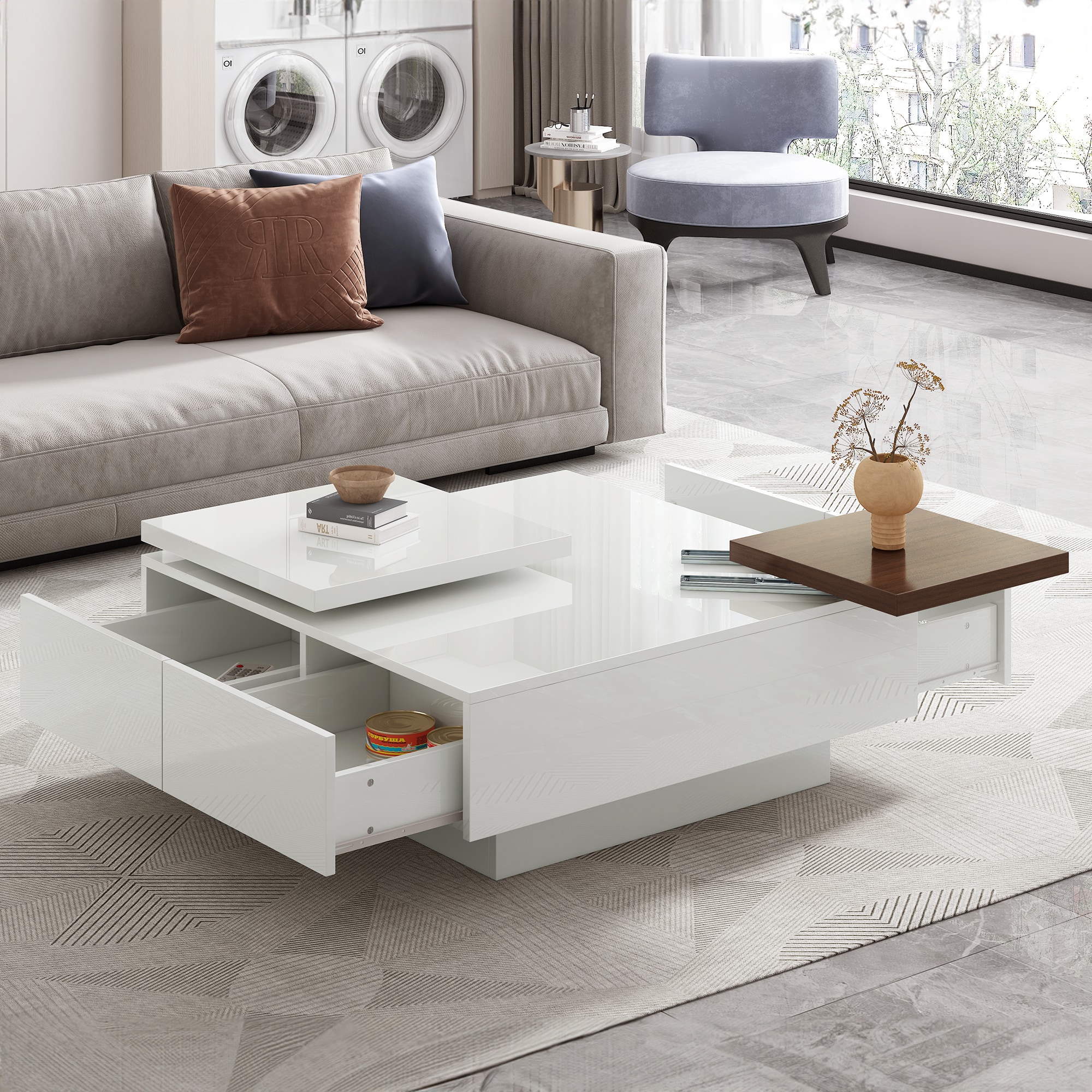 ModernLuxe L3P-WF324734AAK Movable Top Coffee Table Modern Square Wood Coffee Table with High Gloss finish 4 Hidden Storage Drawers for Living RoomDate of Expected Arrival: 11.25
