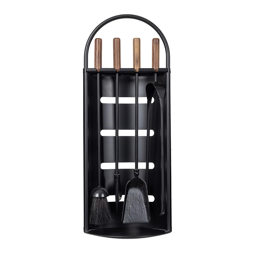 Noah Black Steel Fireplace Tool Set with Natural Wood Handles