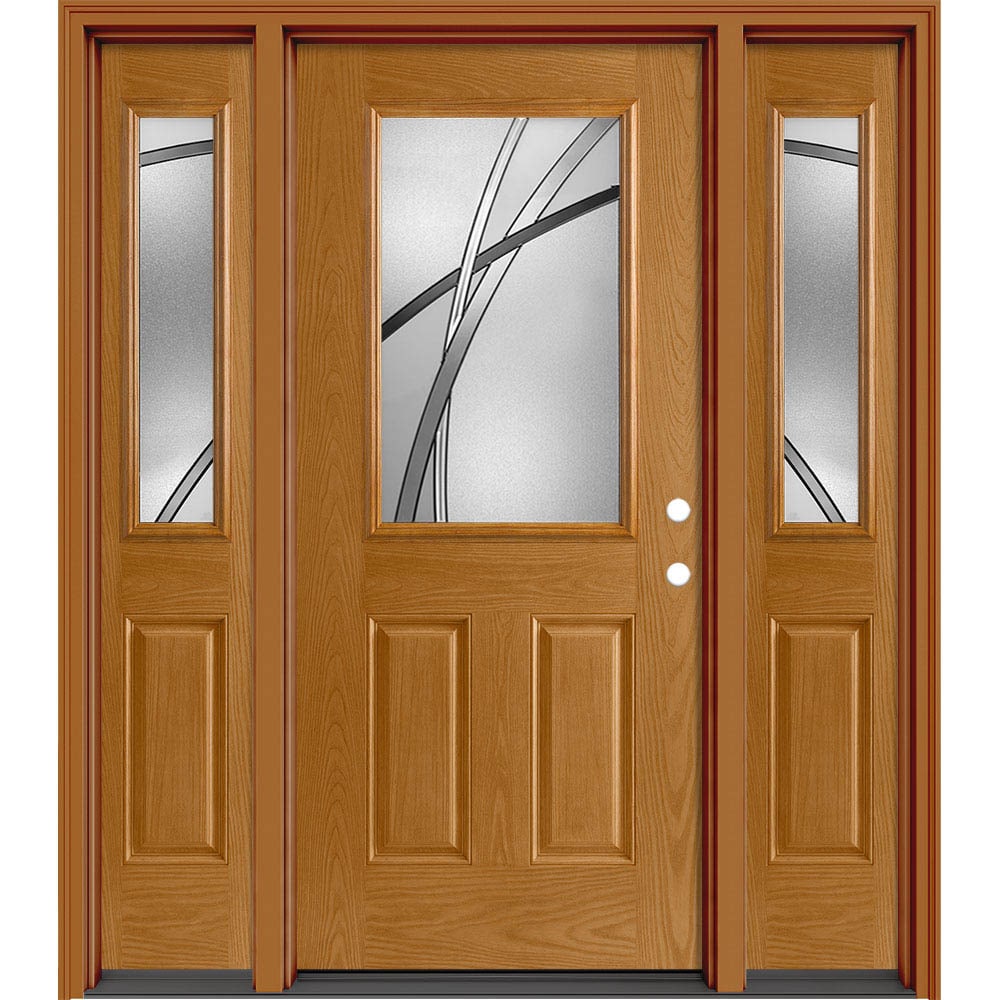 Masonite 632812 Kordella 64-in x 80-in x 4-9/16-in Fiberglass Half lite Left-hand inswing Walnut Painted Prehung Slab Front Door with Sidelights with Brickmould Solid core