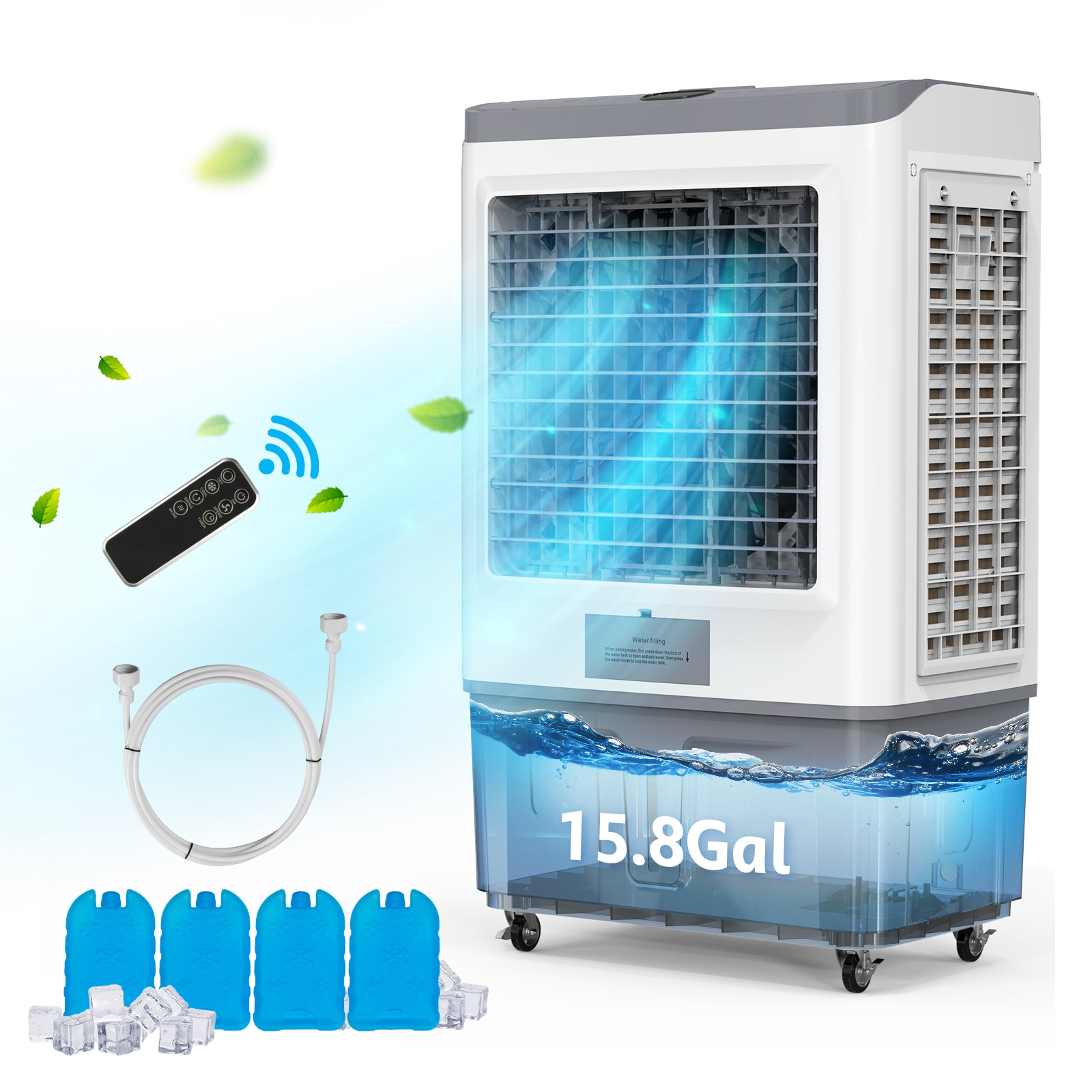 ROVSUN 15.8 Gal 2900CFM Portable Swamp Cooler with Auto Oscillating 3 Speeds 12H Timer and 4 Ice Packs/3-IN-1 Humidifying Cooling Fan Indooor Outdoor Patio Garage