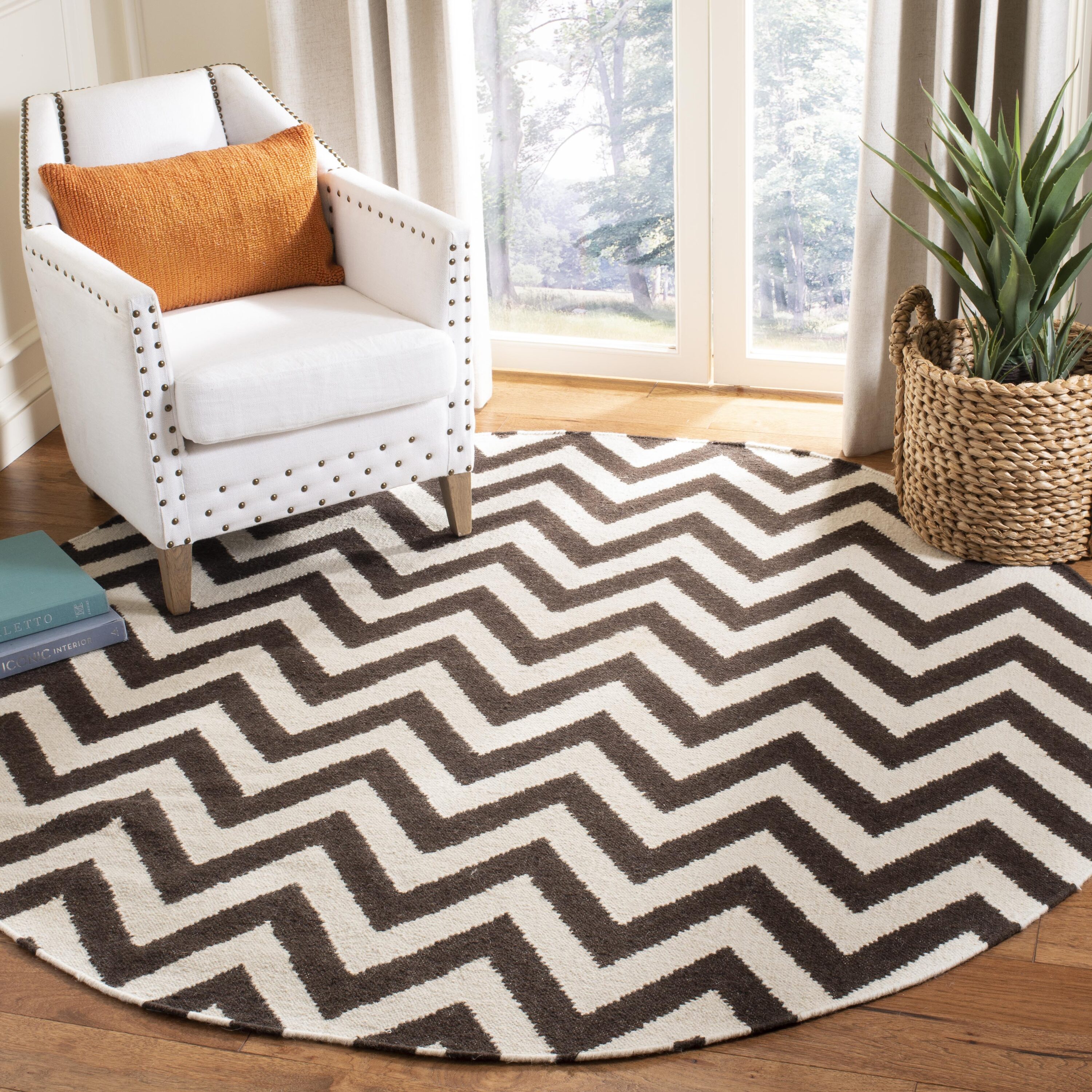  Dhurries 557 Brown/Ivory Contemporary 6ft x 6ft Round Rug