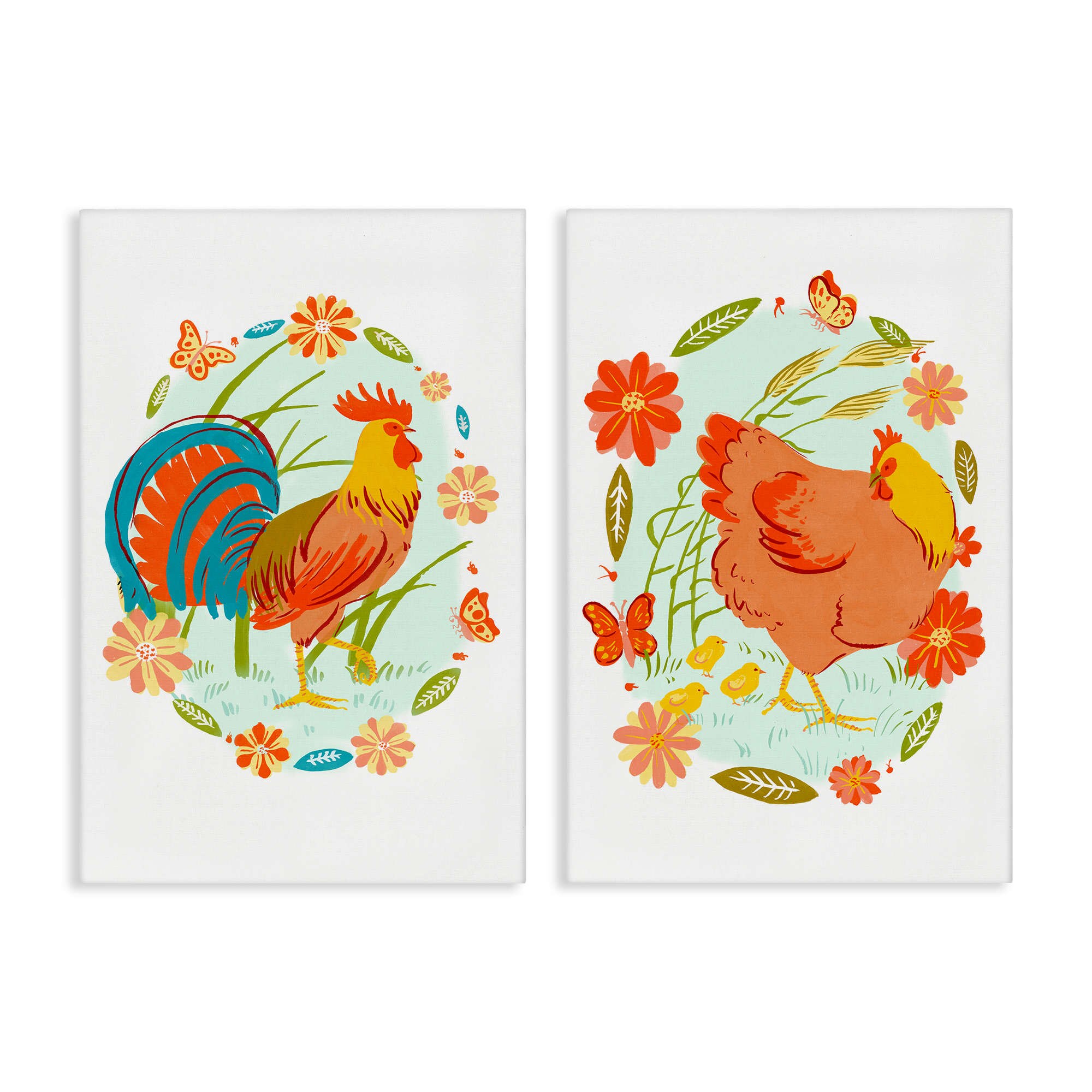 Stupell Industries B2-891-CN-2PC-20X30 Rooster and Hen with Florals 2 Piece Canvas Wall Art Set By Hannah Moren 20 x 30