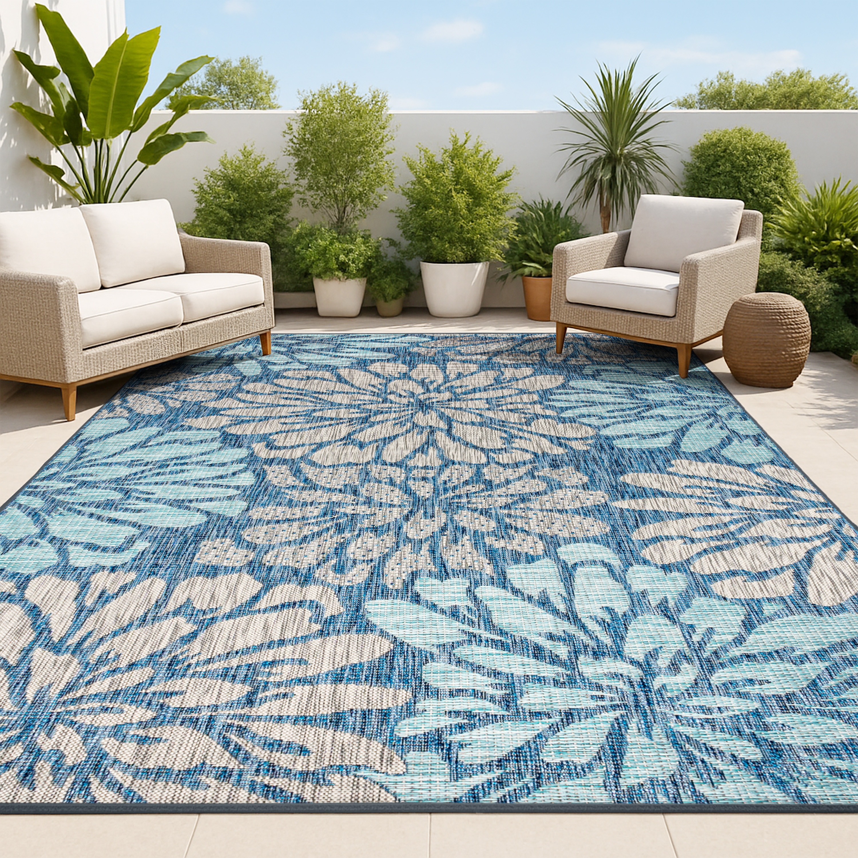 JONATHAN  Y SMB110C-8 Santa Monica Zinnia Textured Weave Floral 8 x 10 (ft) Loomed Polypropylene Navy/Aqua Rectangular Indoor/Outdoor Floral/Botanical Coastal Area rug