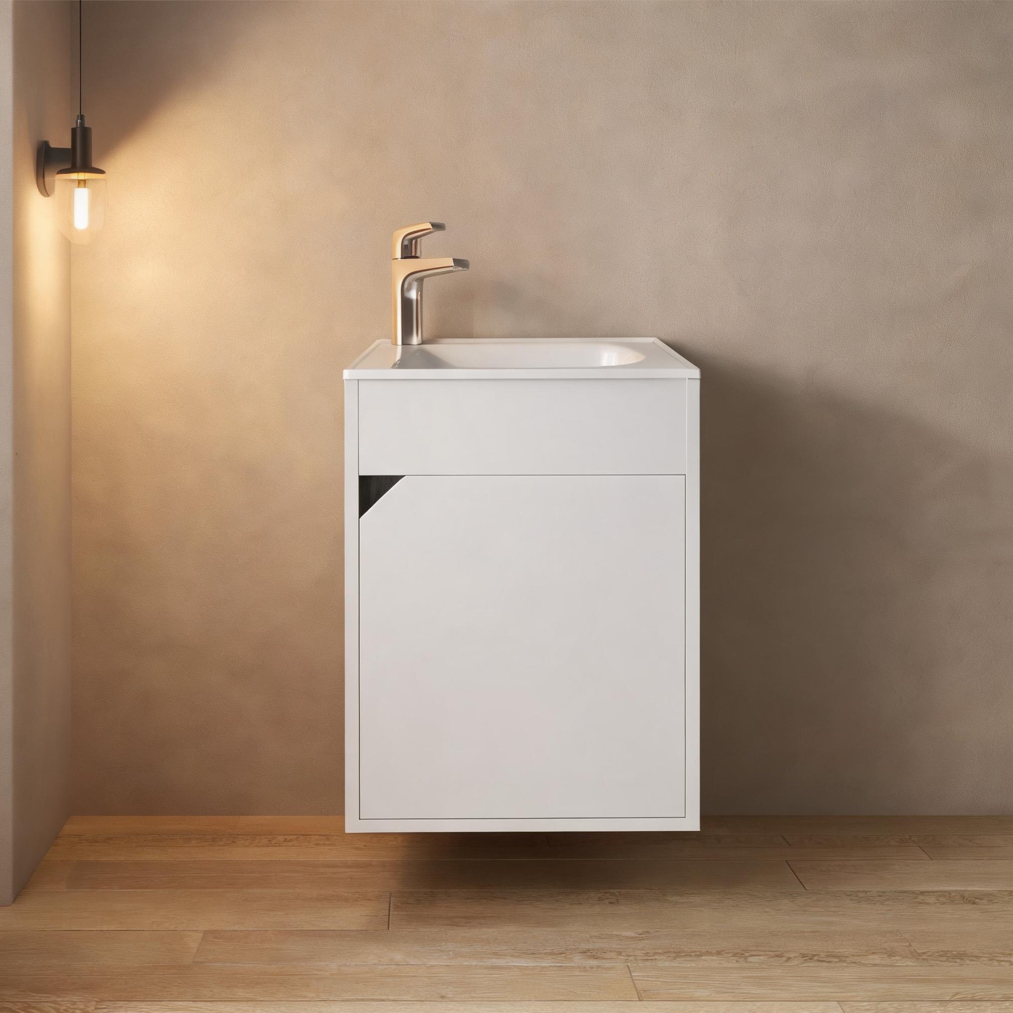 Watnature - Floating Single-Door Bathroom Vanity with Integrated Resin Sink and Two Shelves 15.6 ...