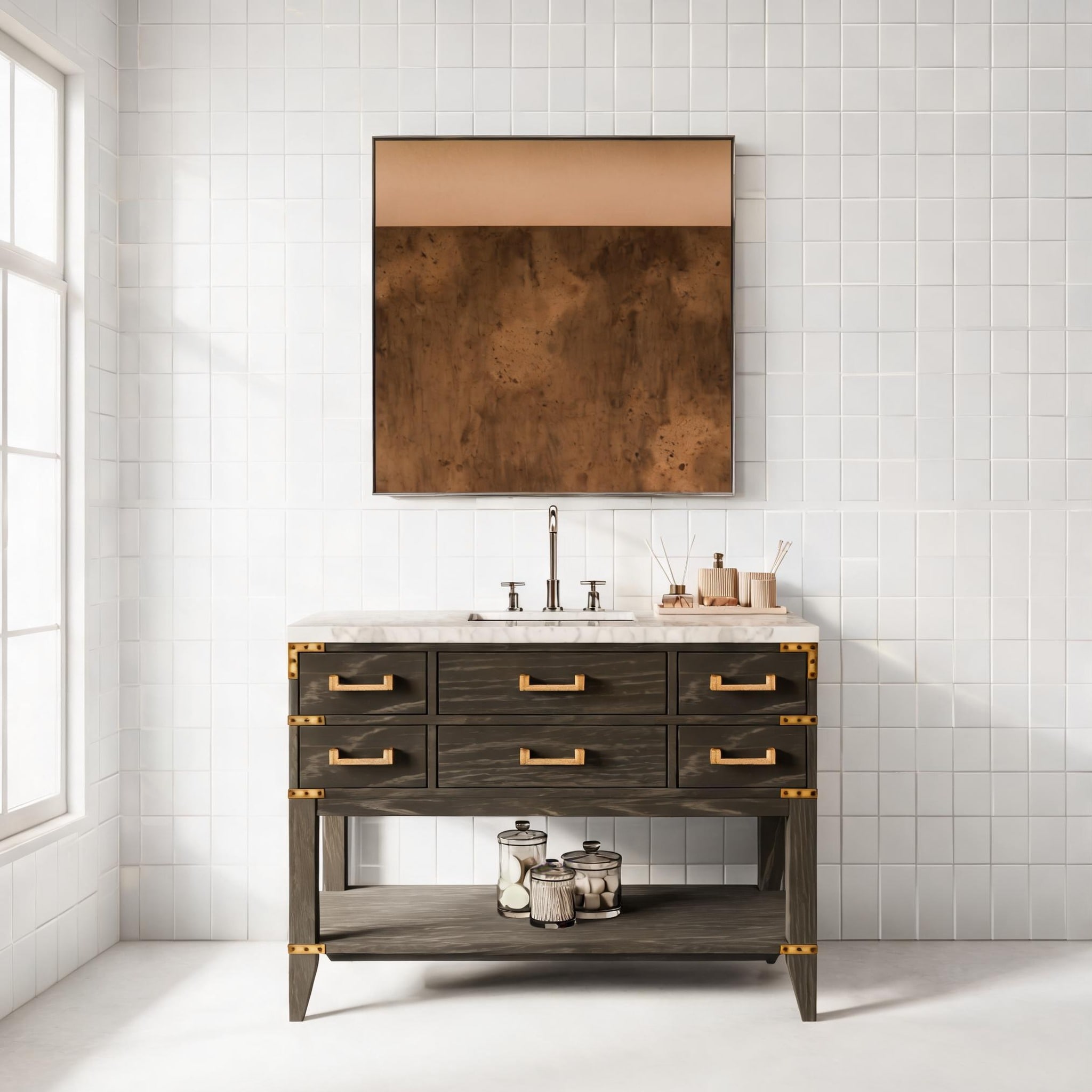 Watnature 48 Inch Single Bathroom Vanity Classic Black Oak Wood Carrara Marble Top With Included Mirror For Bathroom Use