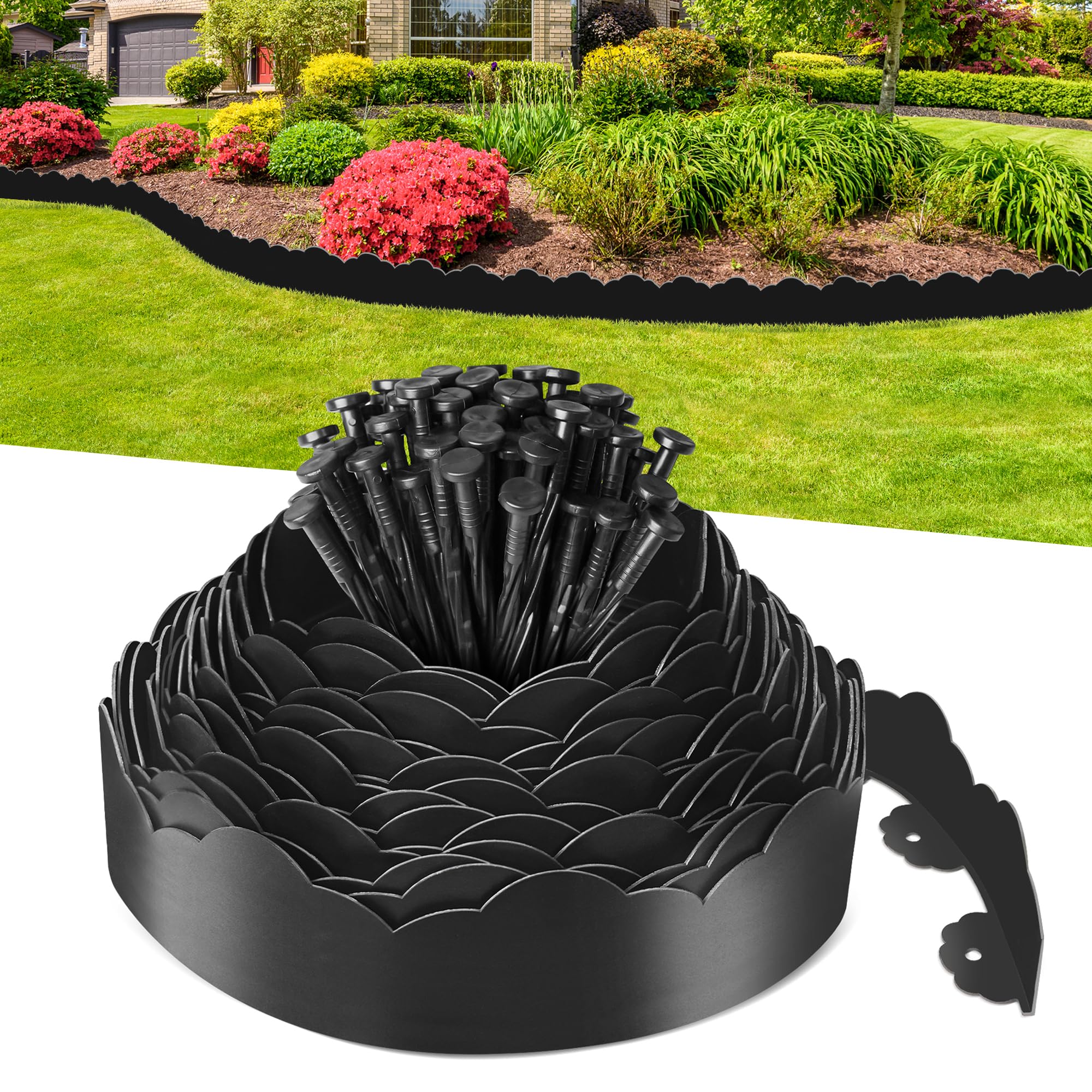 Afoxsos  Landscape Edging Border 4 Inch Tall 49FT No Dig Flexible Garden Edging with 75pcs Spikes Plastic Lawn Edging for Yard Pathway and Flower