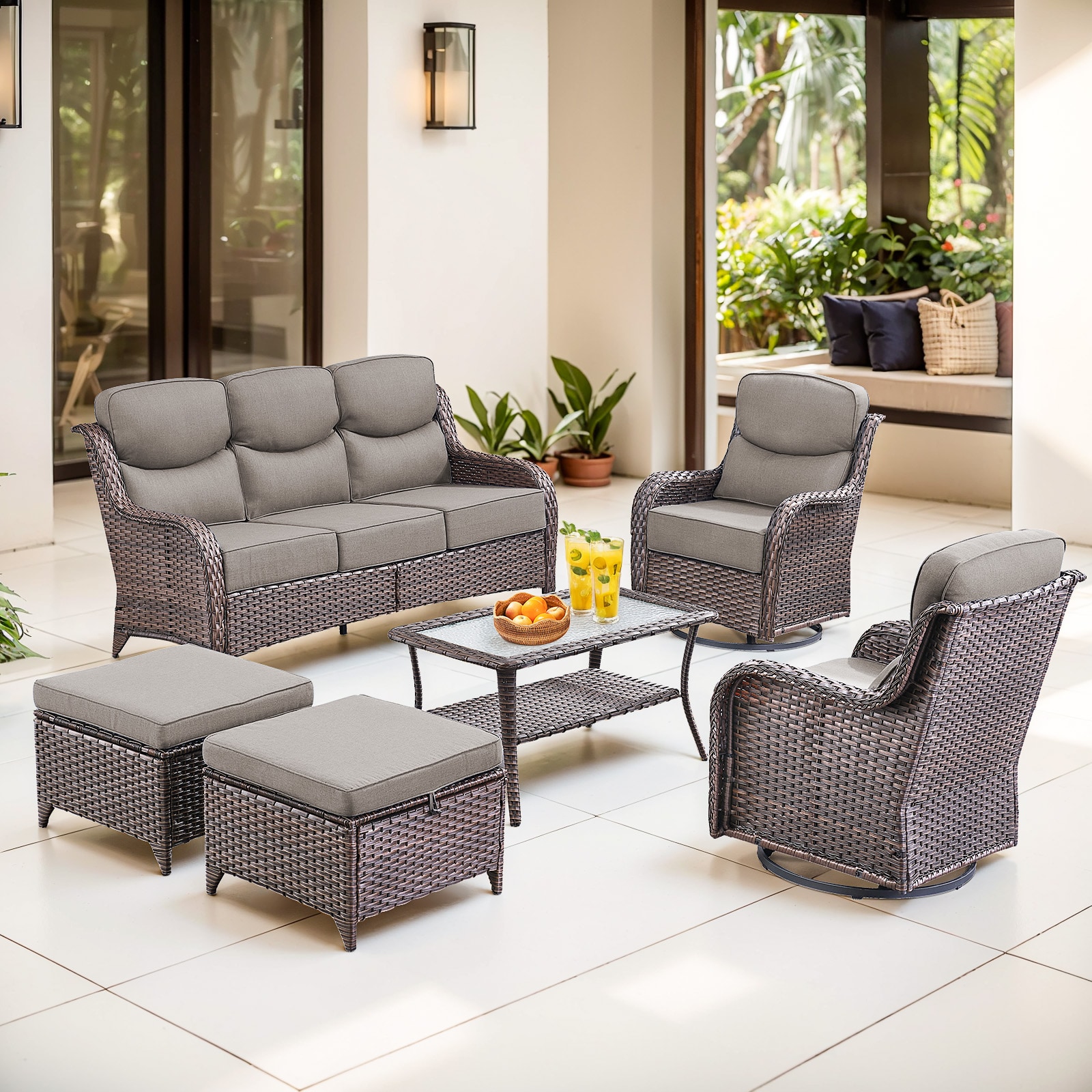Pocassy PJJHXL01323-3 Outdoor Conversation Set 6 -Piece Wicker Patio Sofa Conversation Set with Gray Cushions