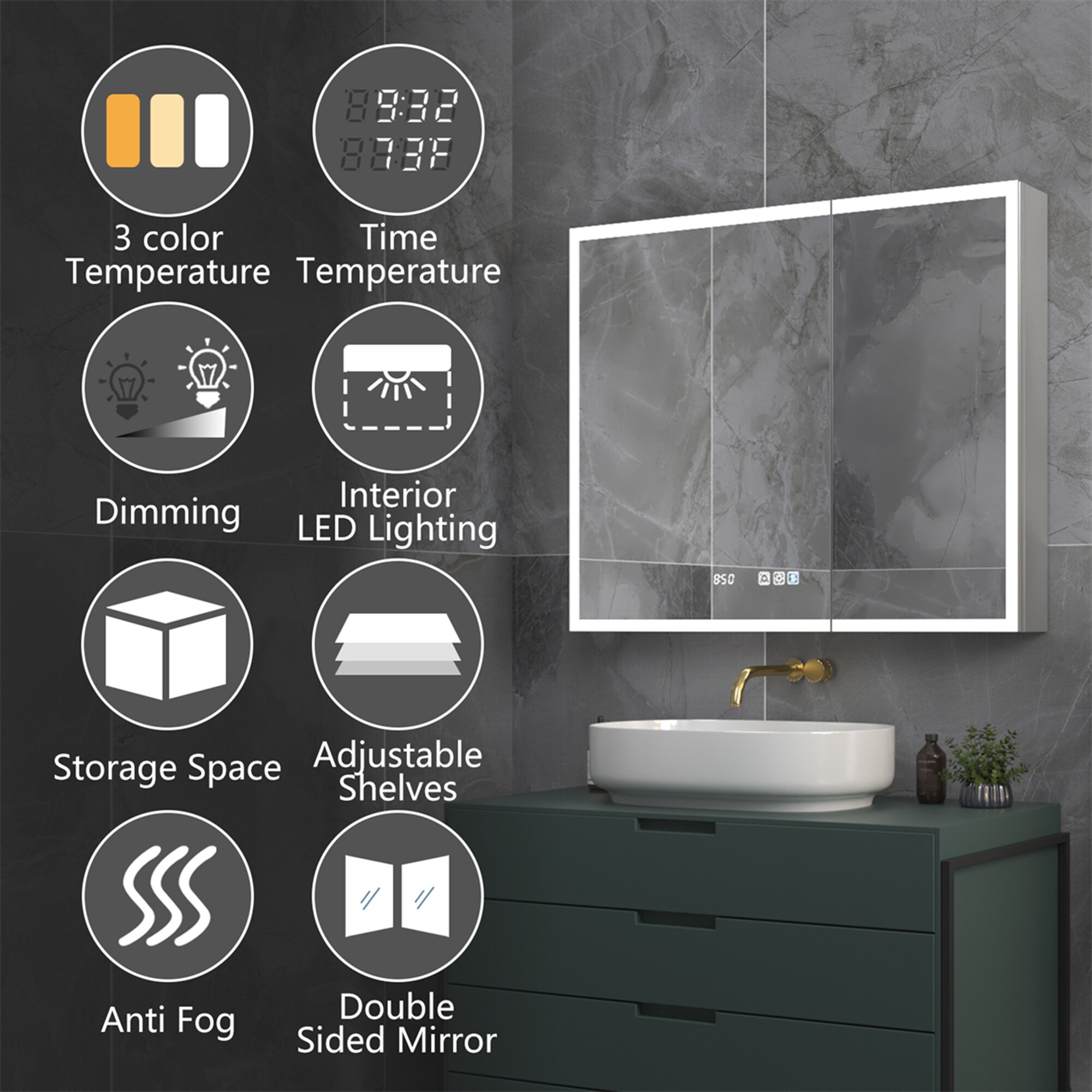 ExBrite 36'' x 32'' LED Lighted Mirror Black Medicine Cabinet with Shelves for Bathroom Recessed or Surface Mount - 36'' x 32