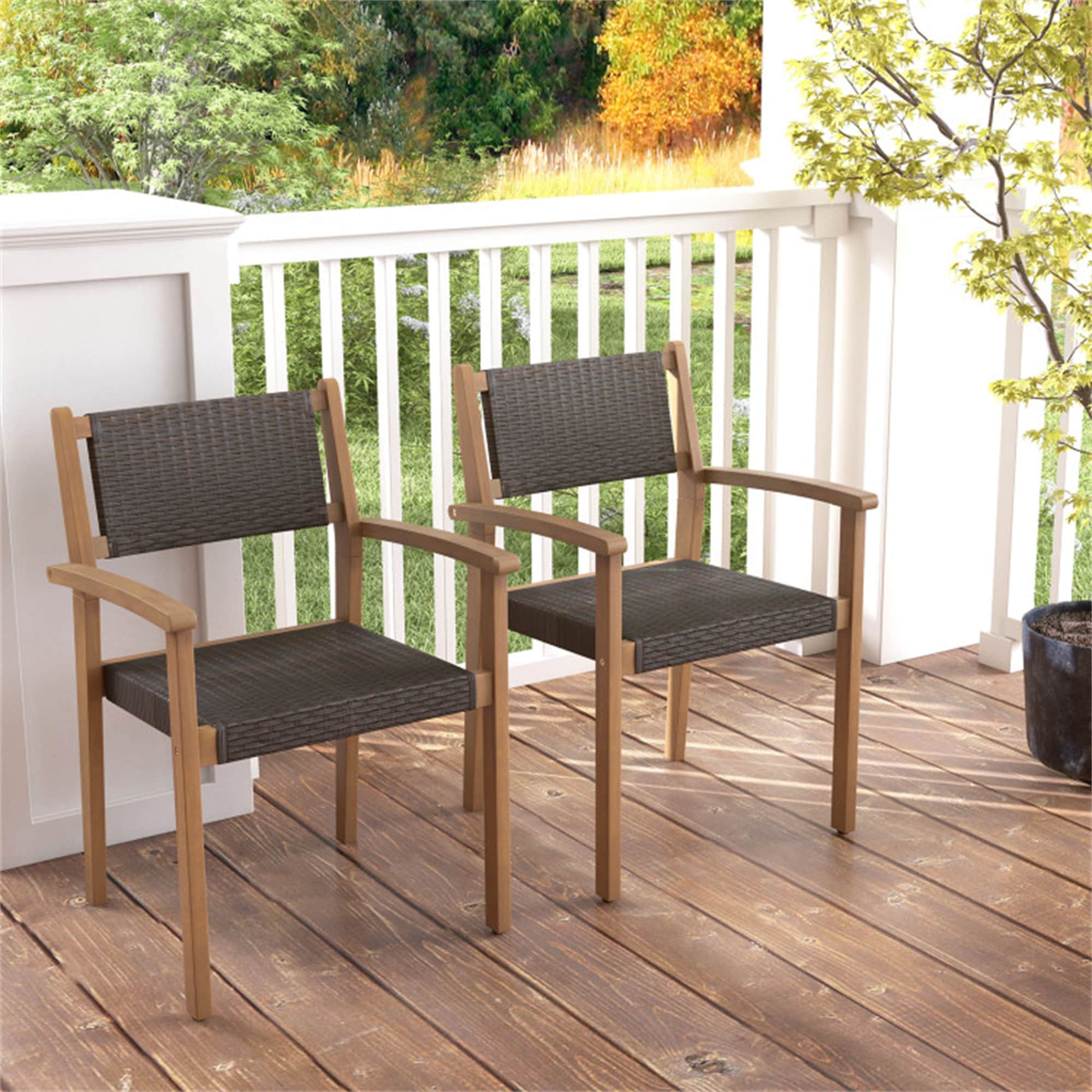 BABOOM BOM-0958GR-CO Outdoor Dining Chair Set of 2 Wicker Stackable Natural Wood Frame Stationary Dining Chair with Woven Seat