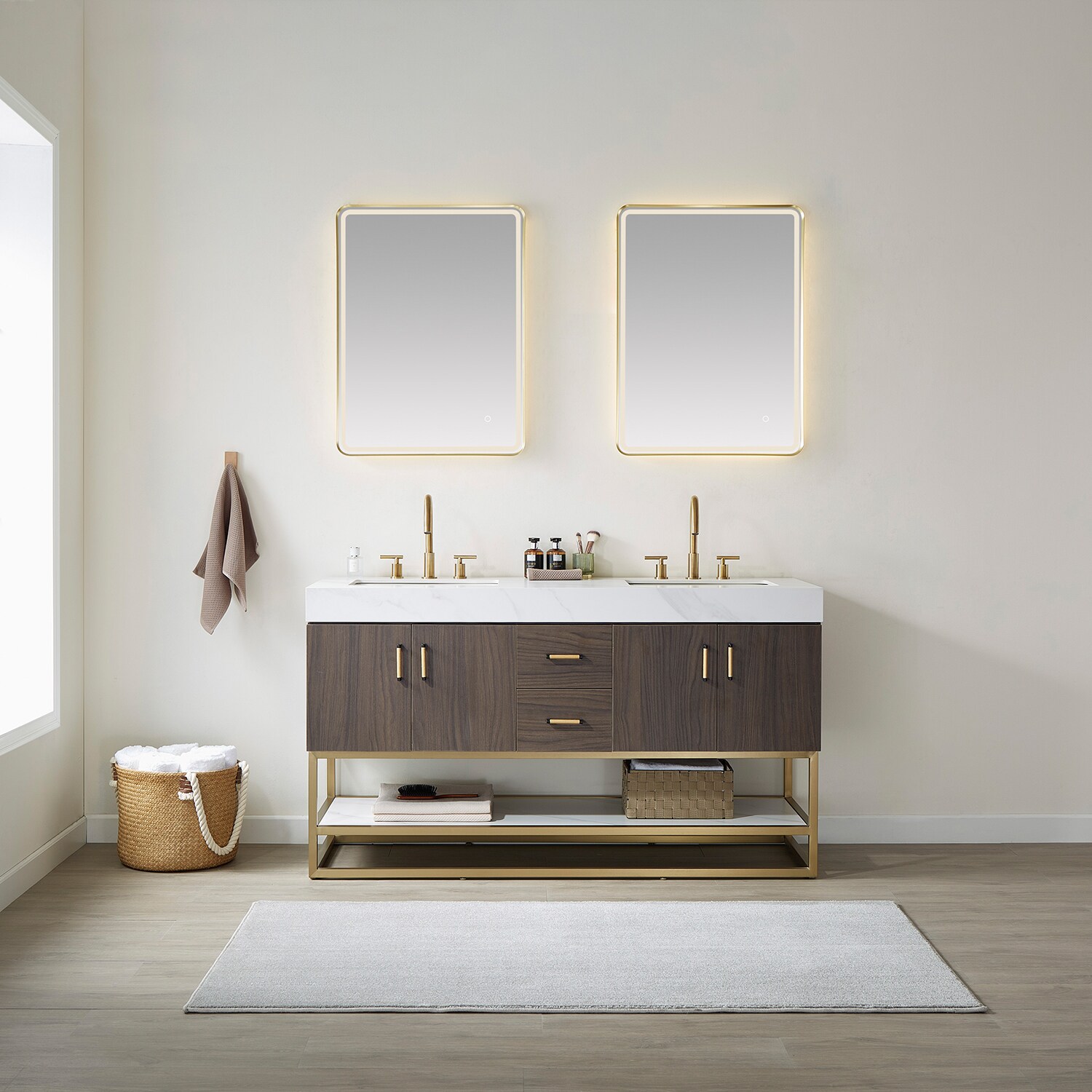 16 Dark Walnut Modern Bathroom Vanity with Faucet, Mirror, Medicine Cabinet  and Linen Side Cabinet Option