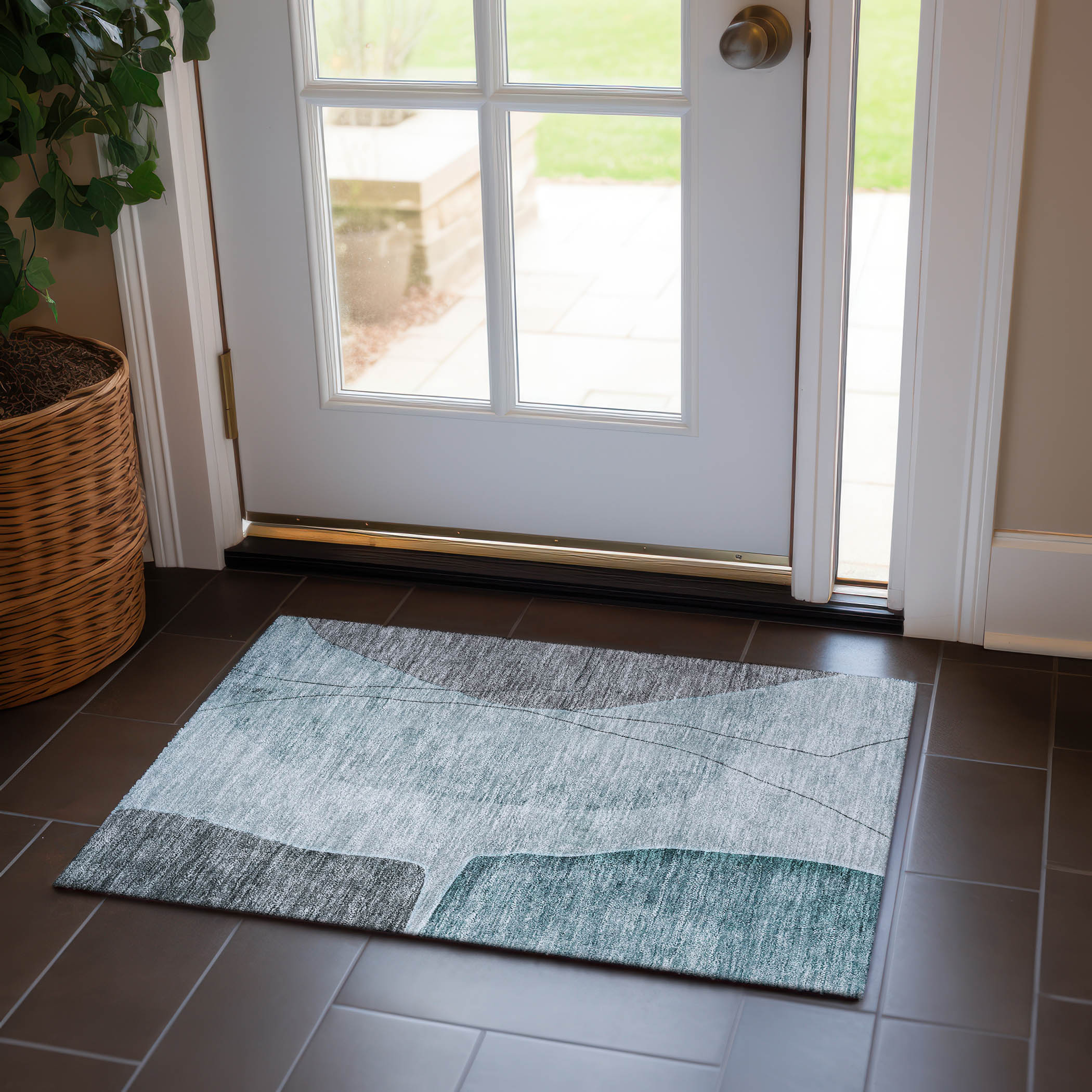 Teal and Gray Synthetic Washable Rectangular Rug 1'8" x 2'6"