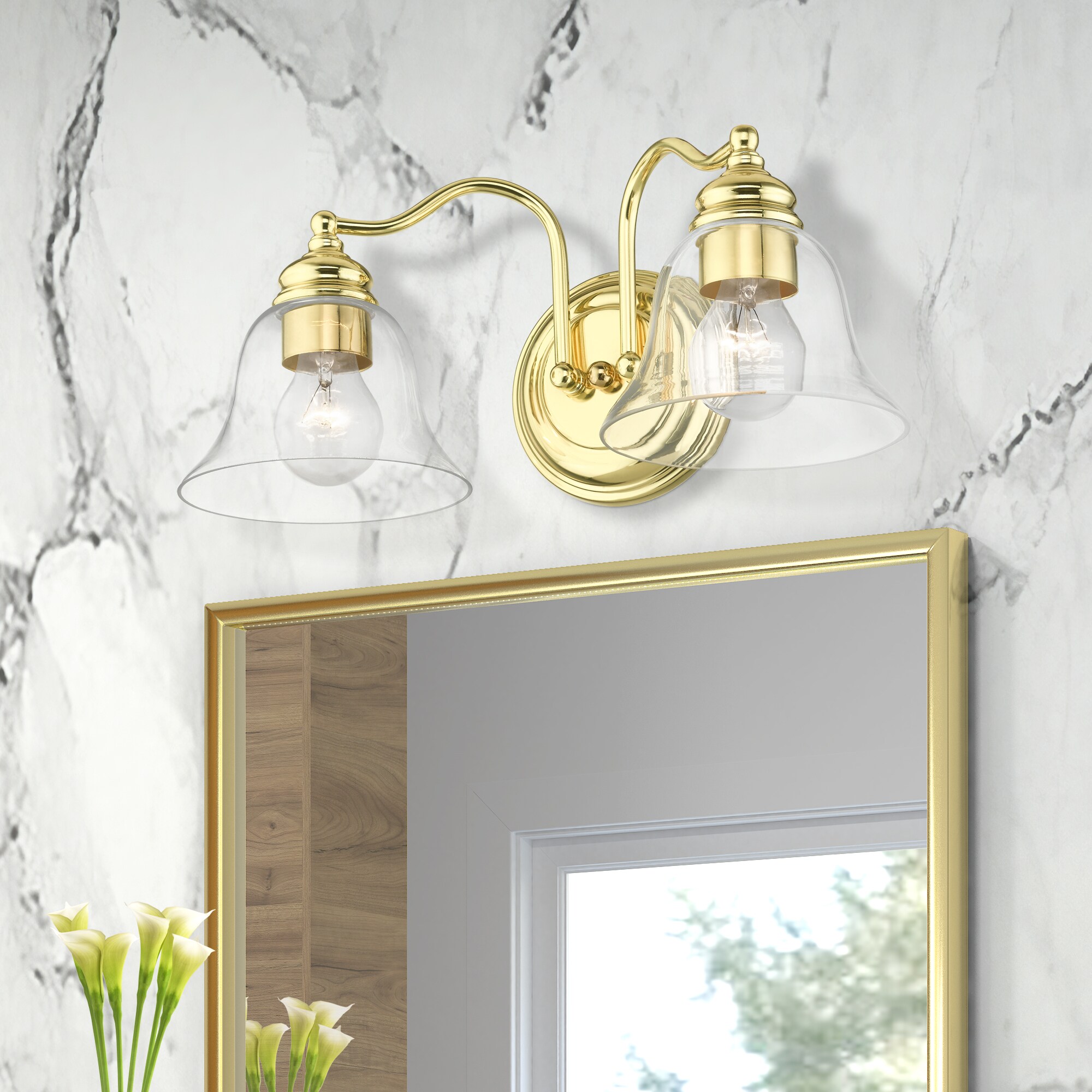 Elegant Polished Brass 2-Light Vanity with Clear Glass Shades
