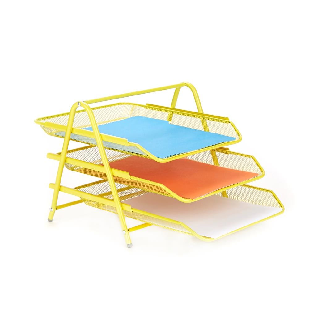 Mind Reader 3TPAPER-YLW Metal 4 Compartment Letter Tray, Pack of 1, Yellow