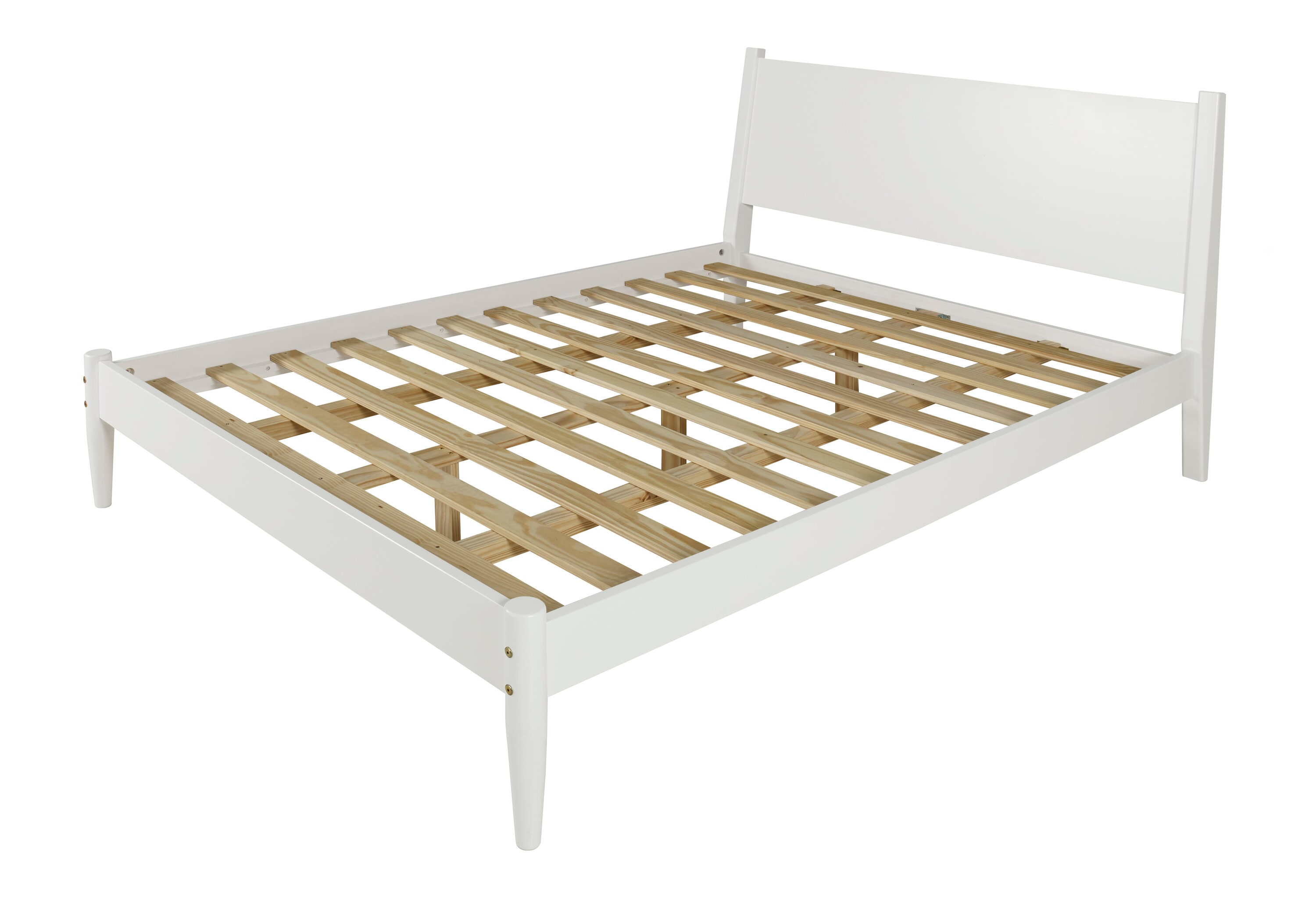 Elegant Pine Wood Queen Bed with Sleek Mid-Century Design in White