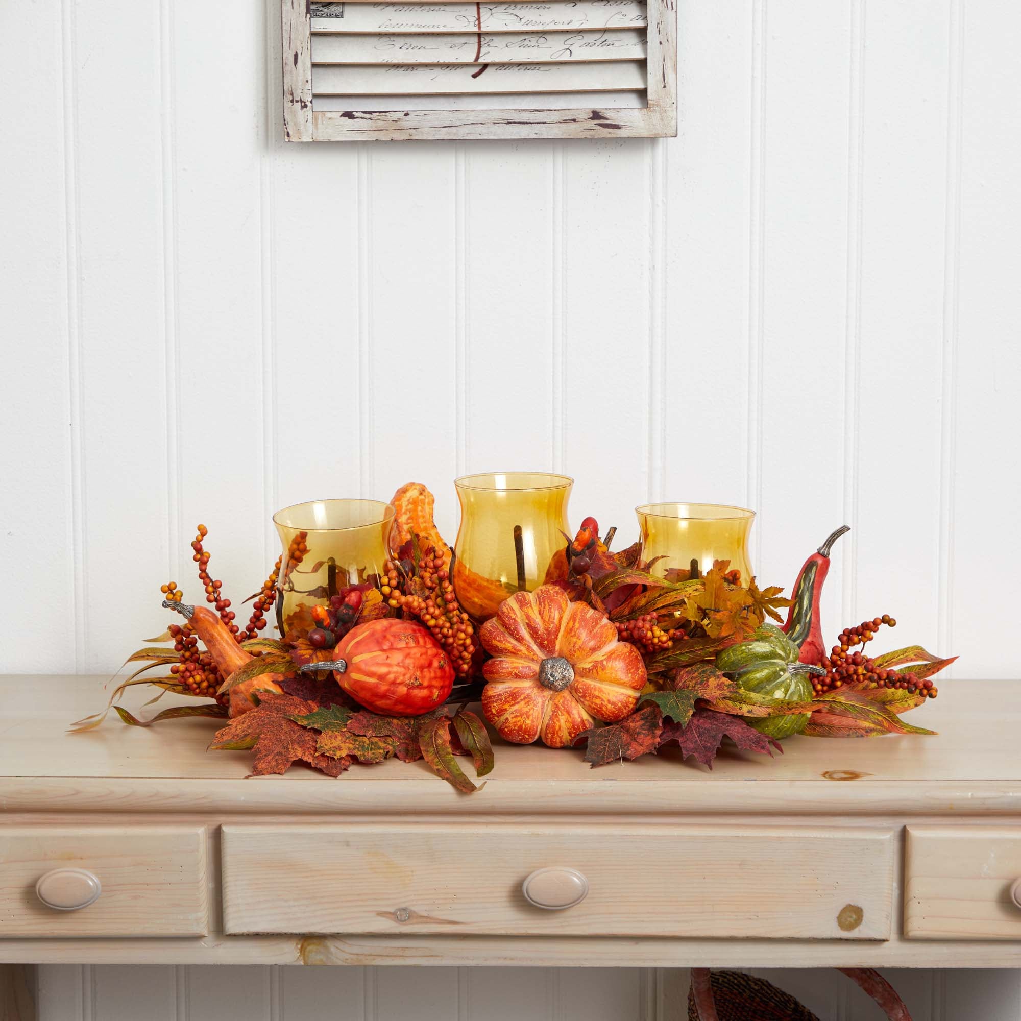 Harvest Triple Glass Candelabrum with Autumn Fruits and Foliage