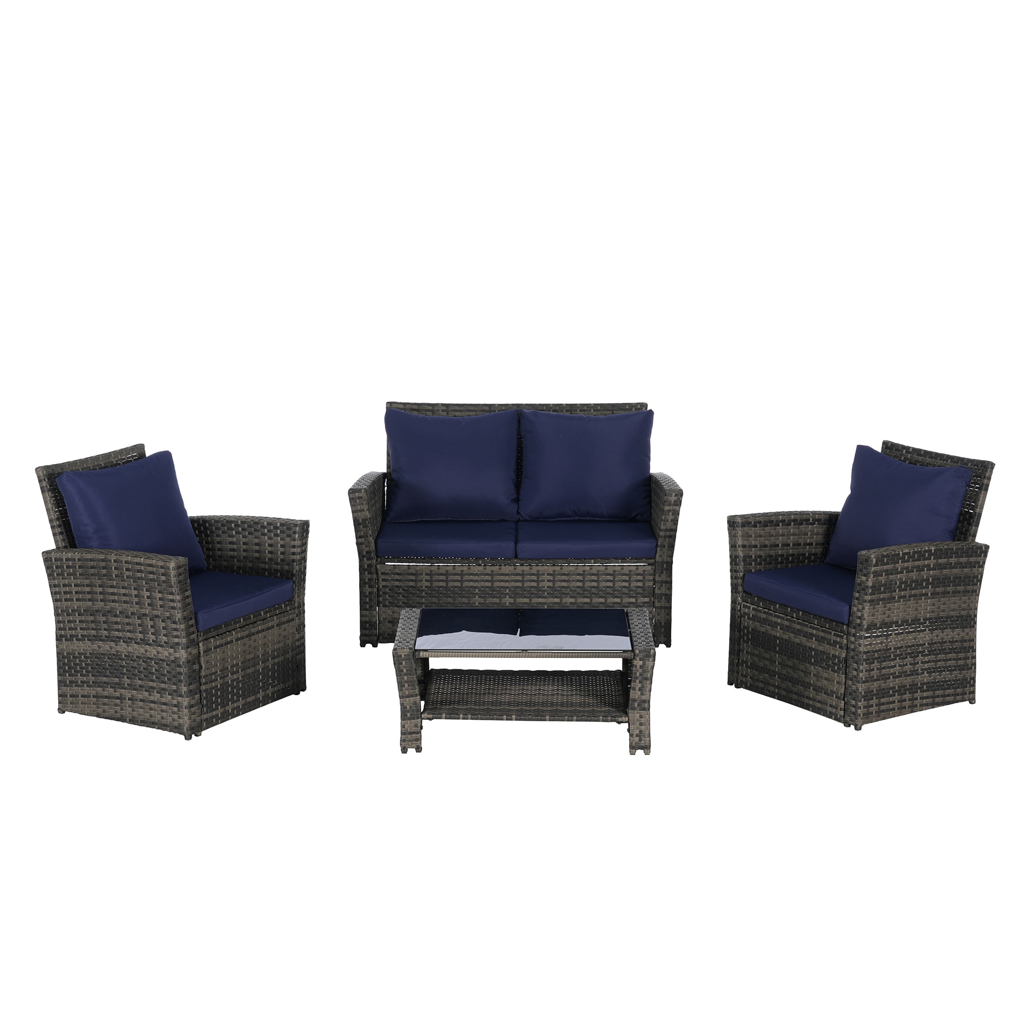 SINOFURN SYB670027NY 4 -Piece Wicker Patio Conversation Set with Blue Cushions