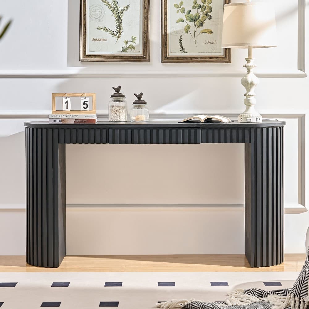 Coolbibila ADAM-CONSOLE-BLACK 59 Inch Black MDF Entryway Table with Drawer and Curved Vertical Stripe Design for Living Room