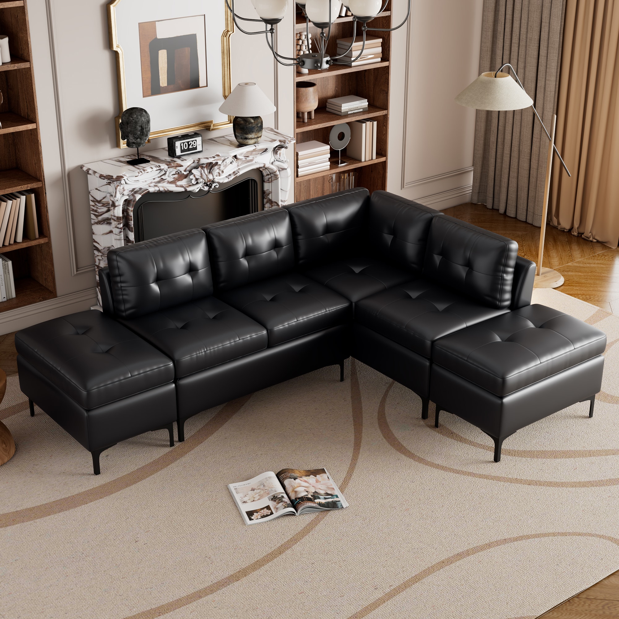 Nestfair RES1913B 94.9-in Modern Black Genuine leather 5 -seater Sectional