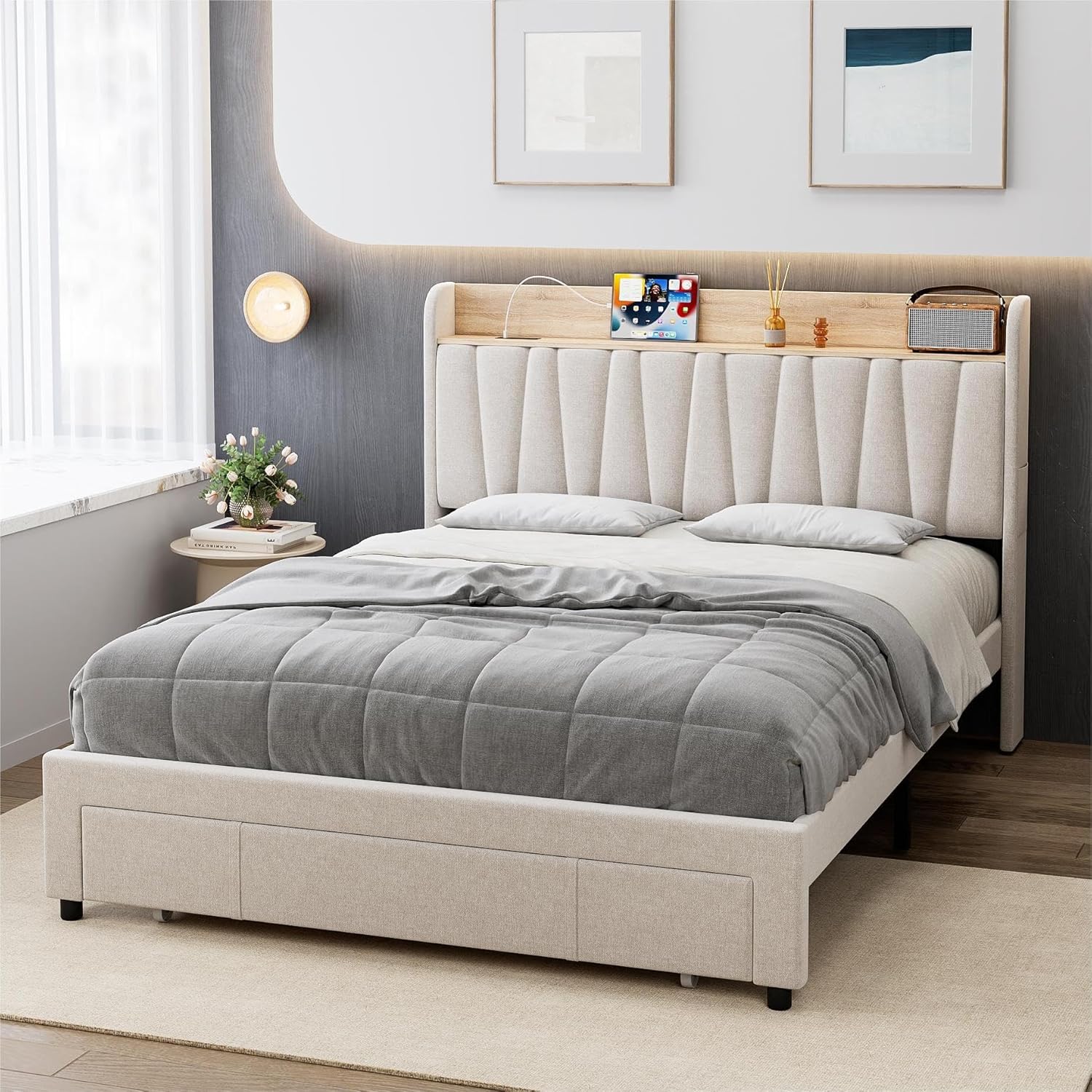 Qeetex LHF-BED-PHO-158DE8M6 Upholstered Bed Frame with Storage Headboard and Charging Station Platform Bed Frame with Drawers Heavy Duty No Box Spring Needed Easy Assembly Beige Queen Size
