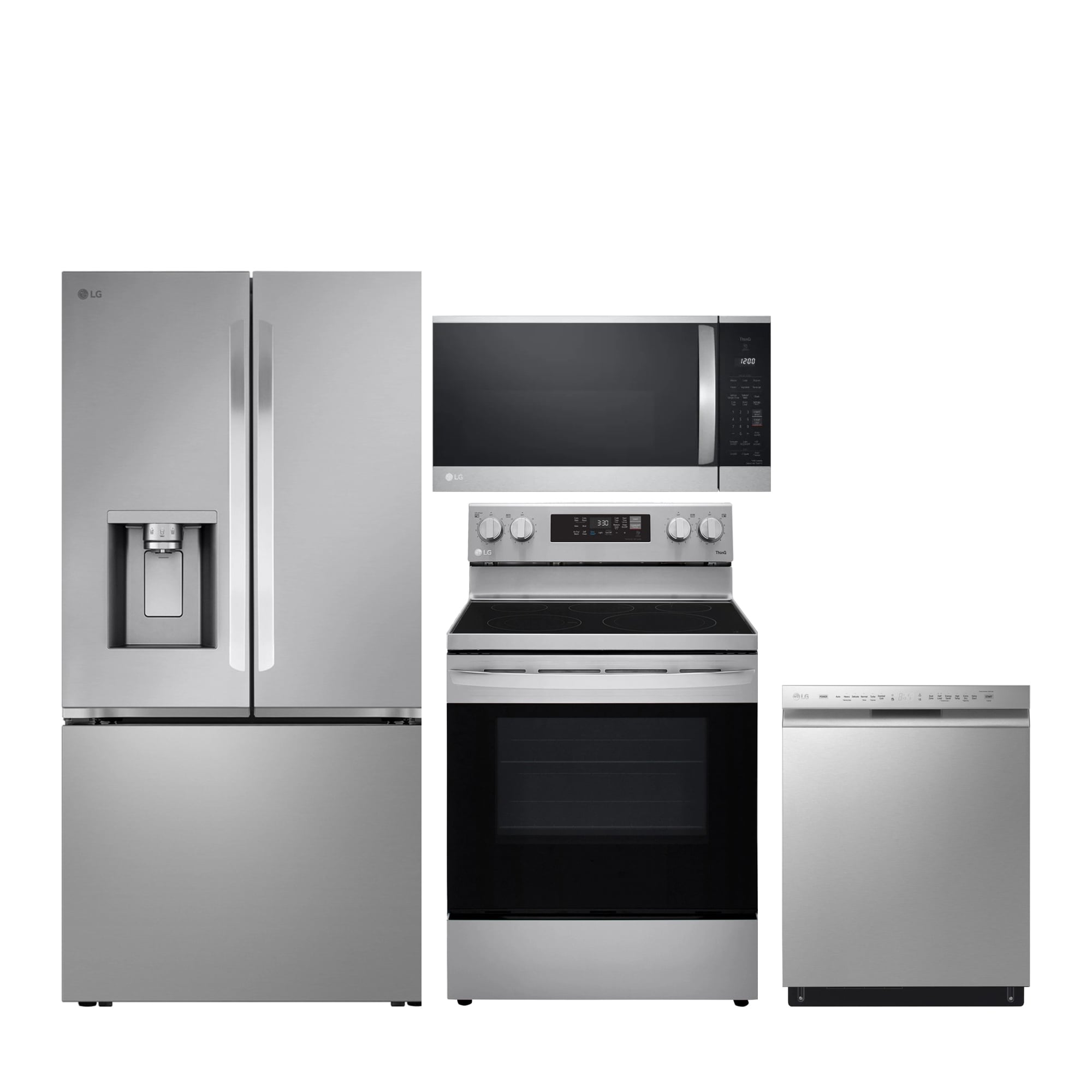 French Door Refrigerator with Dual Ice Maker, Electric Air Fry Range, Dishwasher and Over-the-Range Microwave Kitchen Appliance Package, Stainless Steel