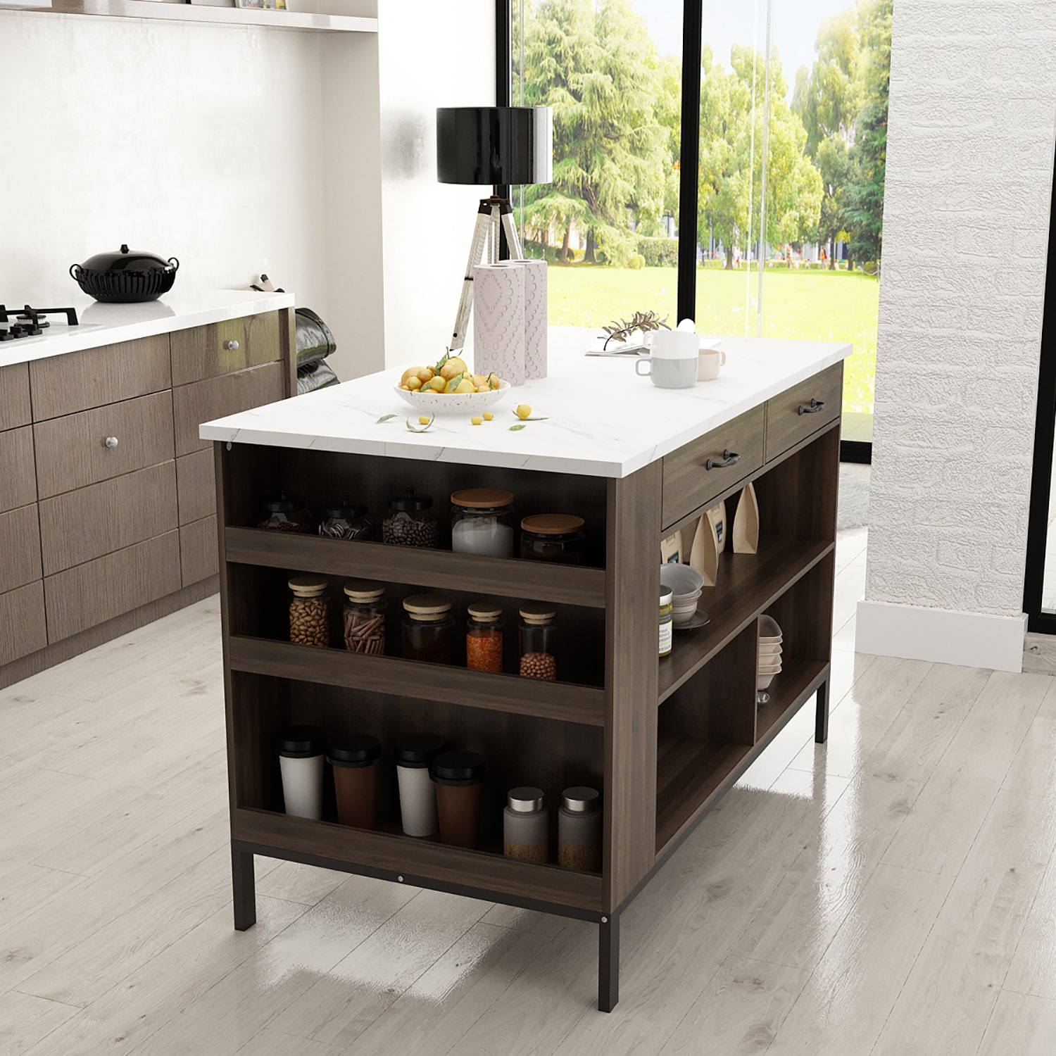 FUFU&GAGA Brown Composite Base with Mdf Top Kitchen Cart (30-in x 55.1-in x 36-in)