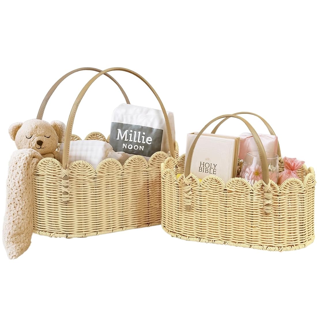 Aoibox  2 Piece Natural Faux Rattan Woven Picnic and Harvest Basket Set with Scalloped Edge and Dual Handles