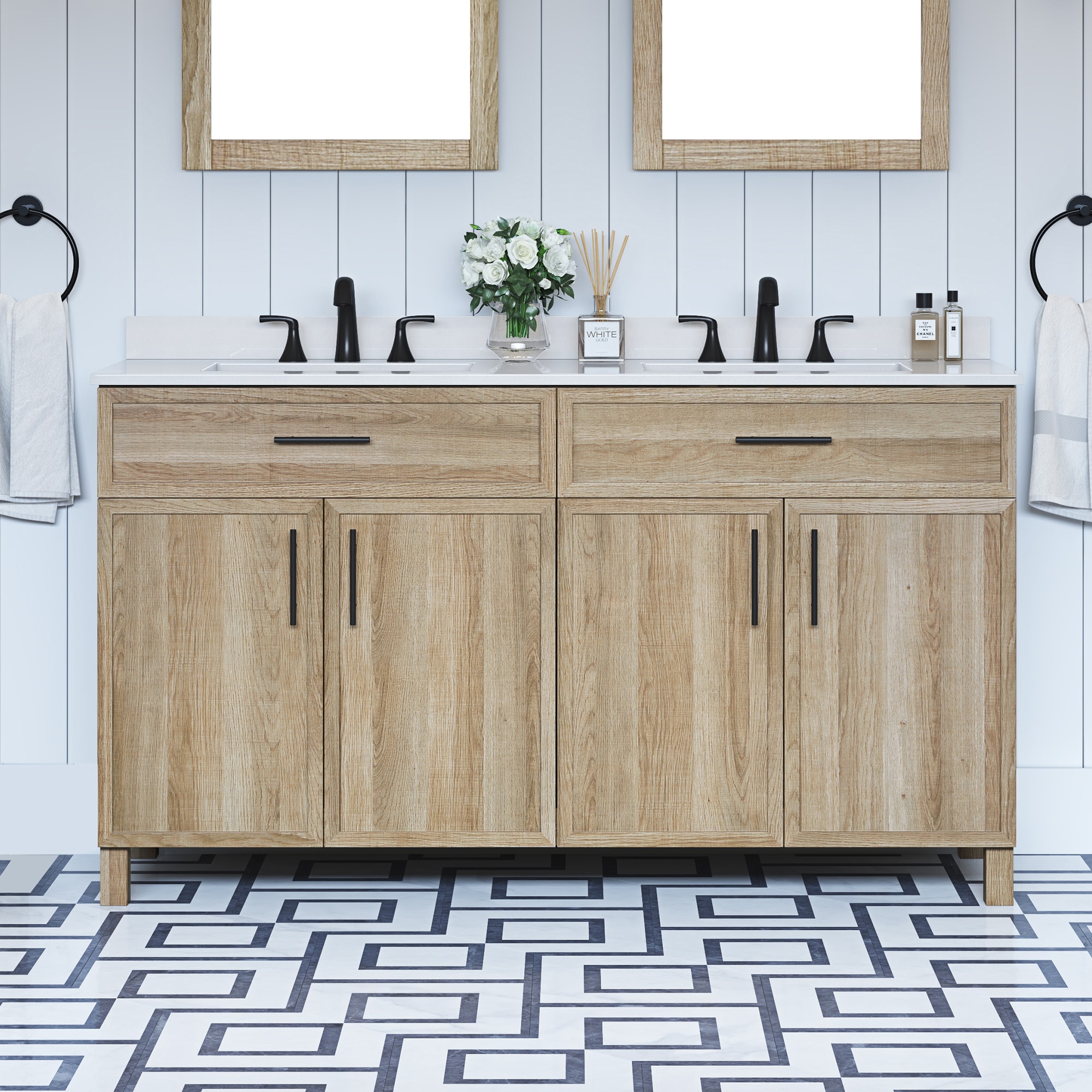 Style Selections DOLTON-60NO Dolton 60-in Light Natural Oak Undermount Double sink Bathroom Vanity with White Engineered stone Top