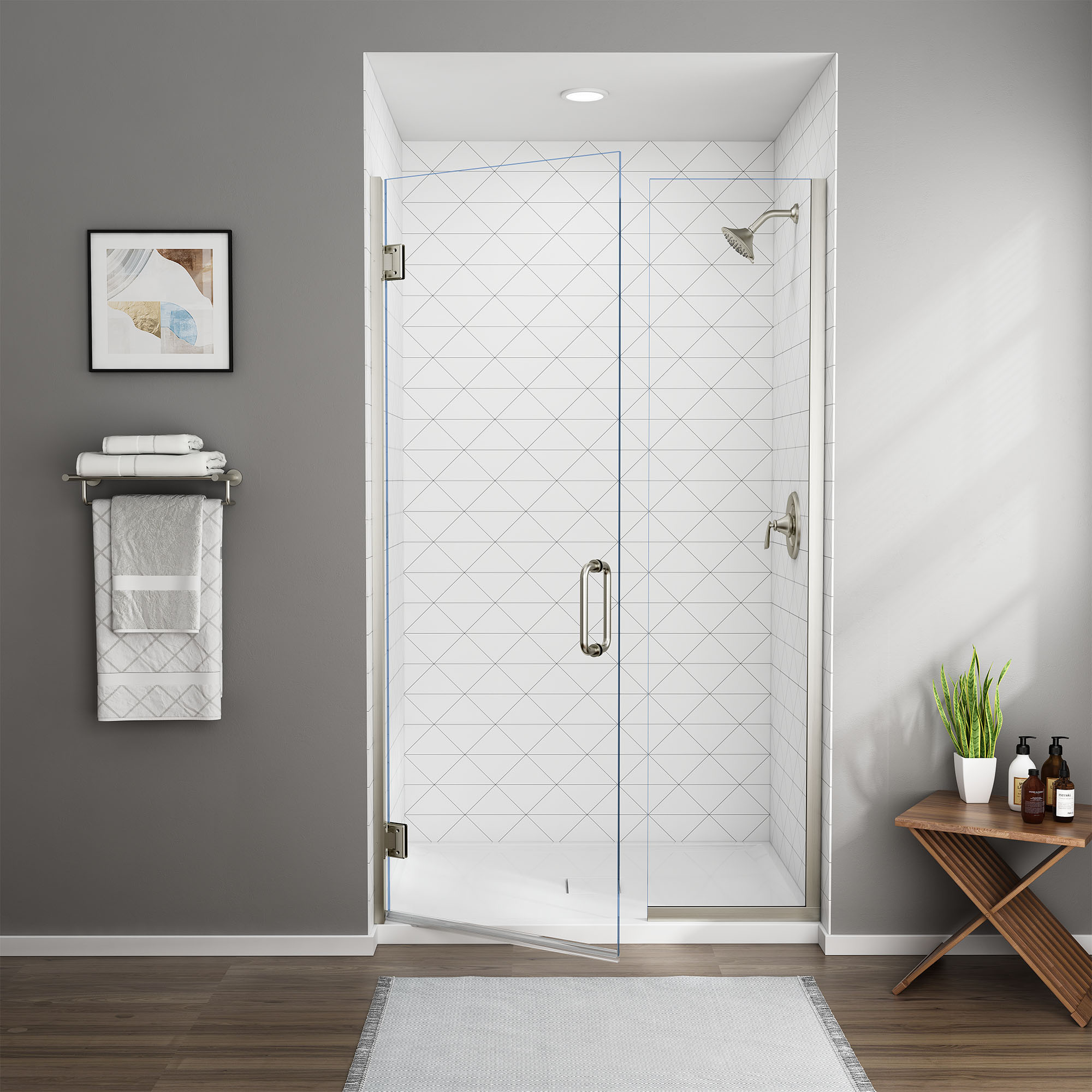Brushed Nickel 46-in to 47-in x 72-in Frameless Hinged Soft Close Shower Door | - American Standard AM00814400.006