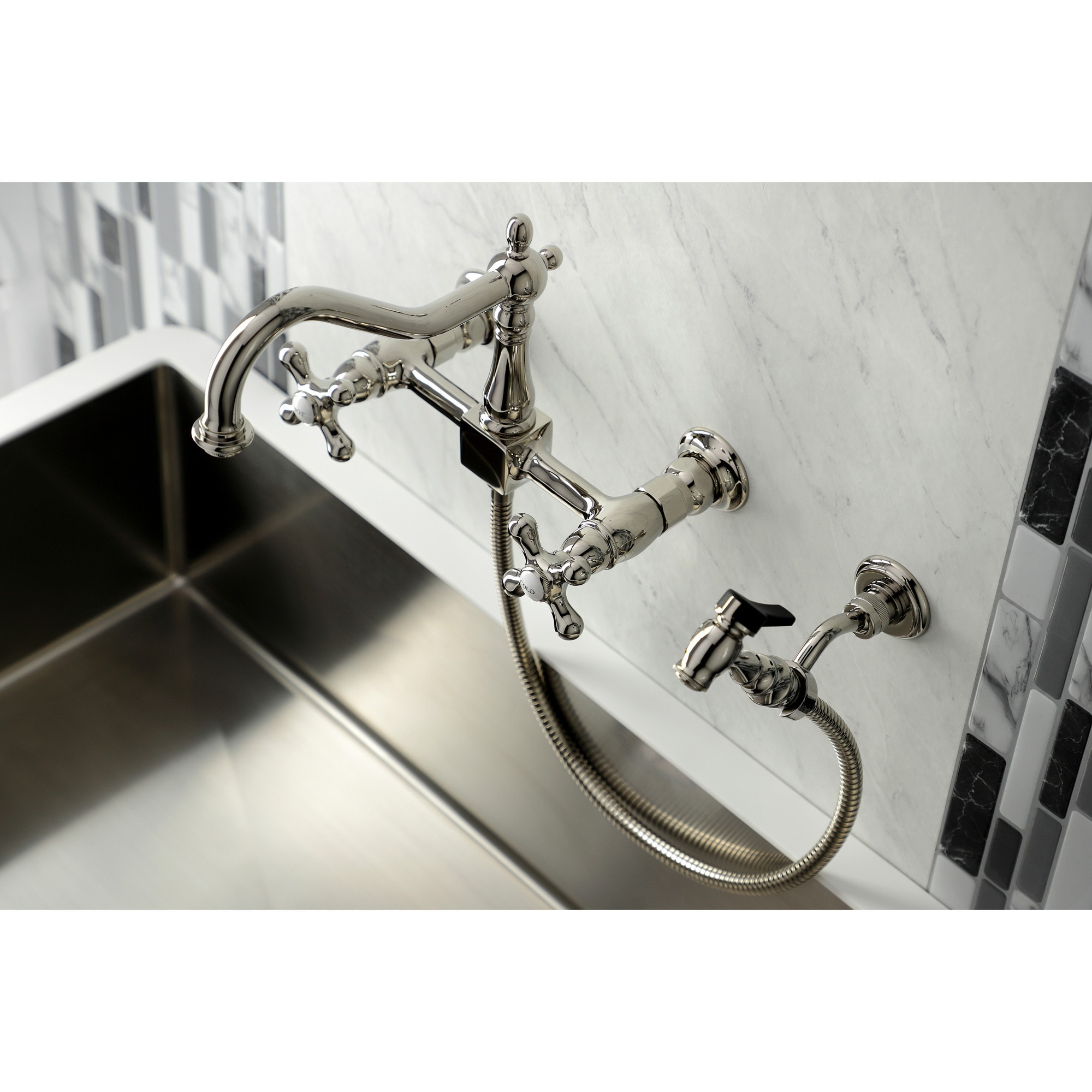 Kingston Brass WLKS1246AXBS Polished Nickel Double Handle Wall-mount Kitchen Faucet ( Side Sprayer Included )