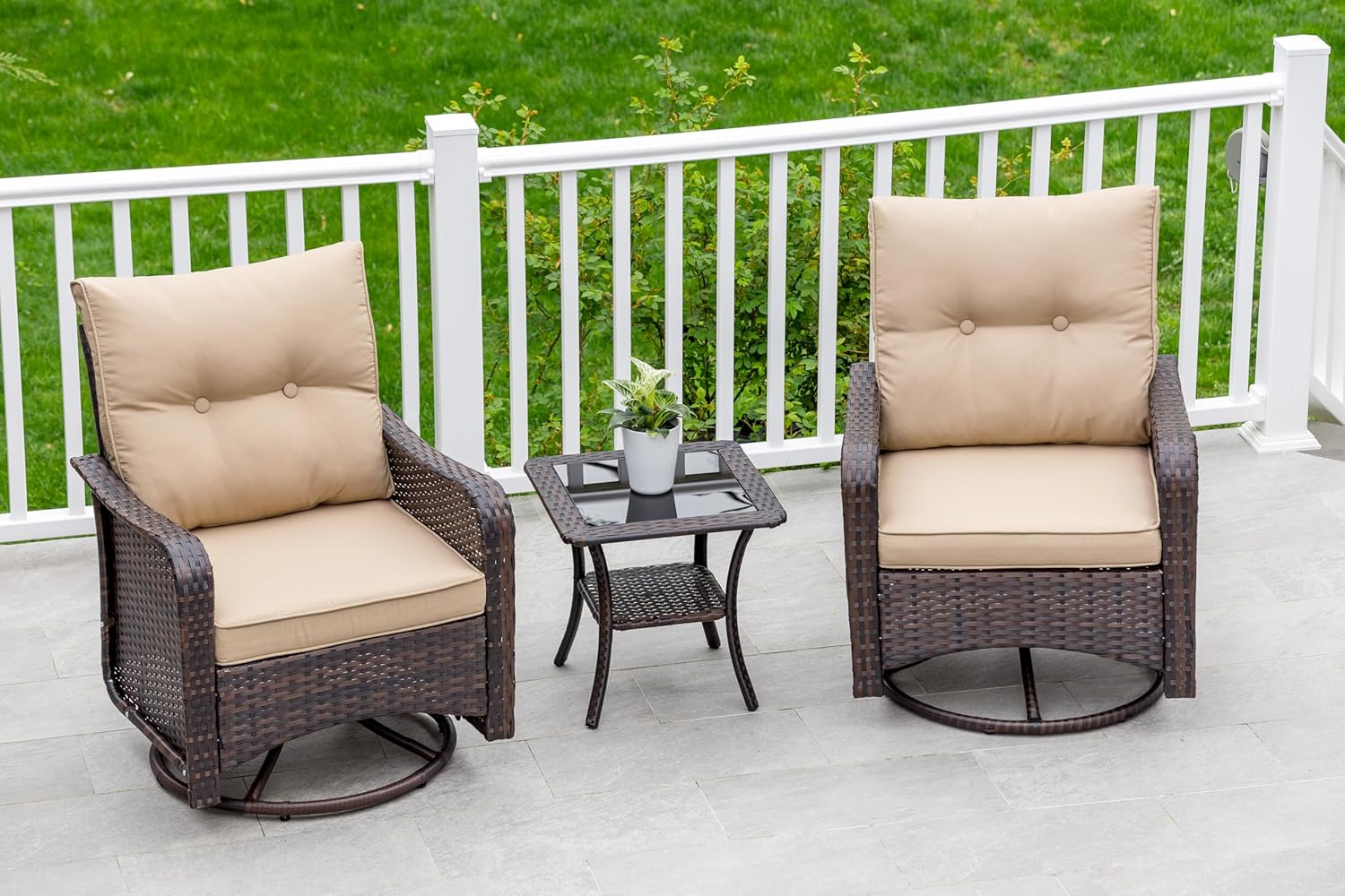 ALAULM LS-SRC-SAND Wicker Swivel Rocking Chair Set Set of 2 Wicker Brown Wicker Frame Swivel rocker Rocking Chair with Brown Solid Seat