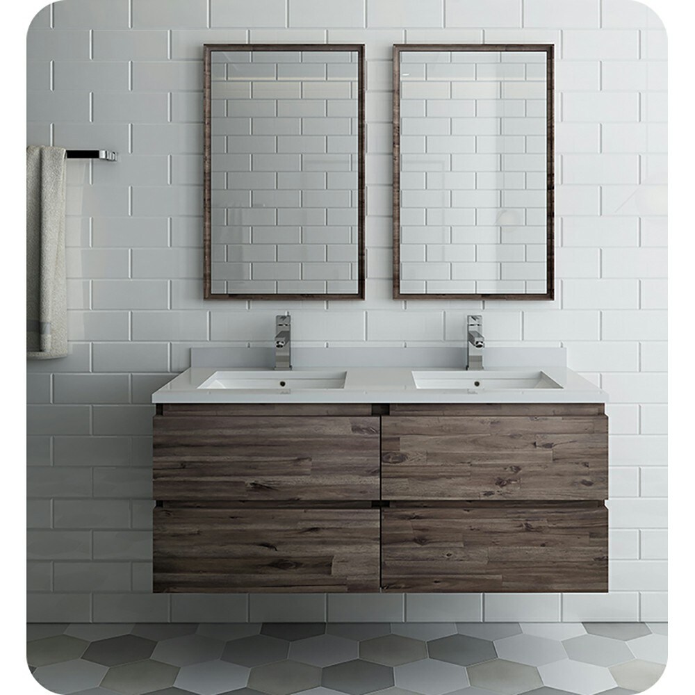 Transitional 48" Double Sink Wall-Mounted Vanity in Brown with Quartz Top