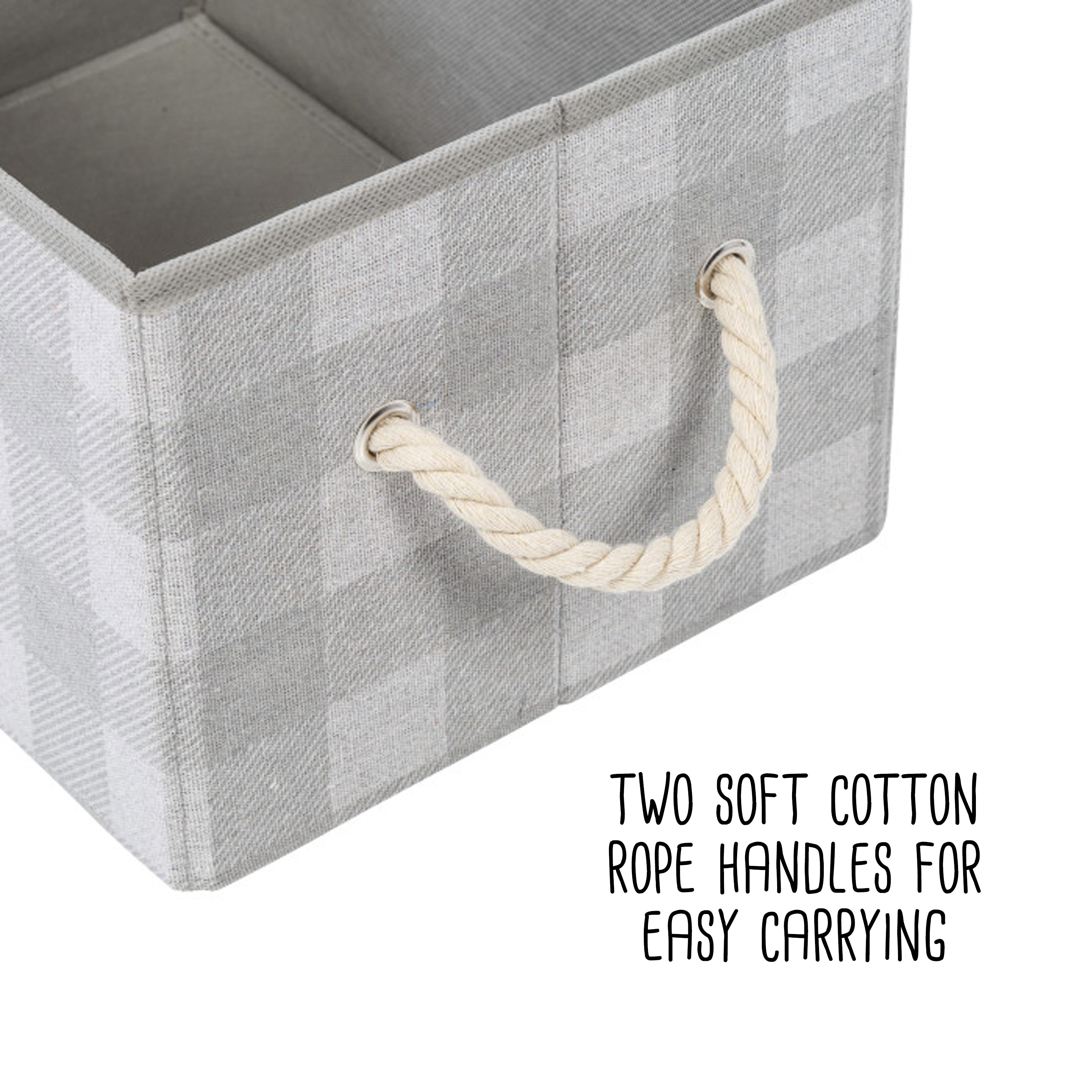 Gray Plaid Large Fabric Storage Bins with Rope Handles, Set of 3