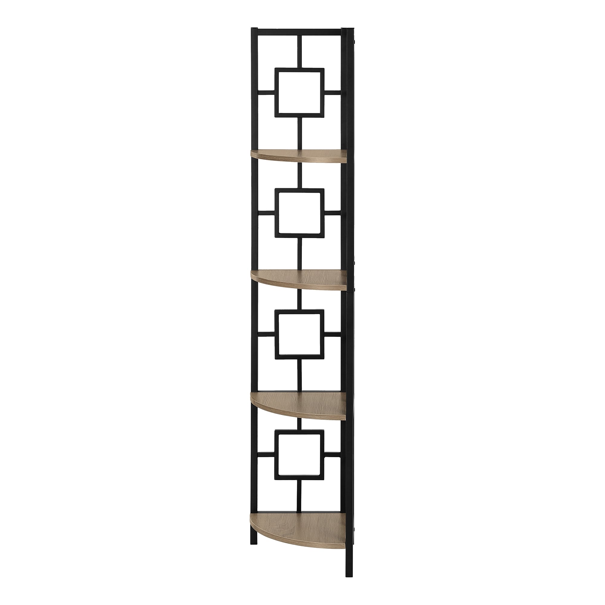 Tall 4-tier corner bookcase with rectangular cutouts and brown shelves.