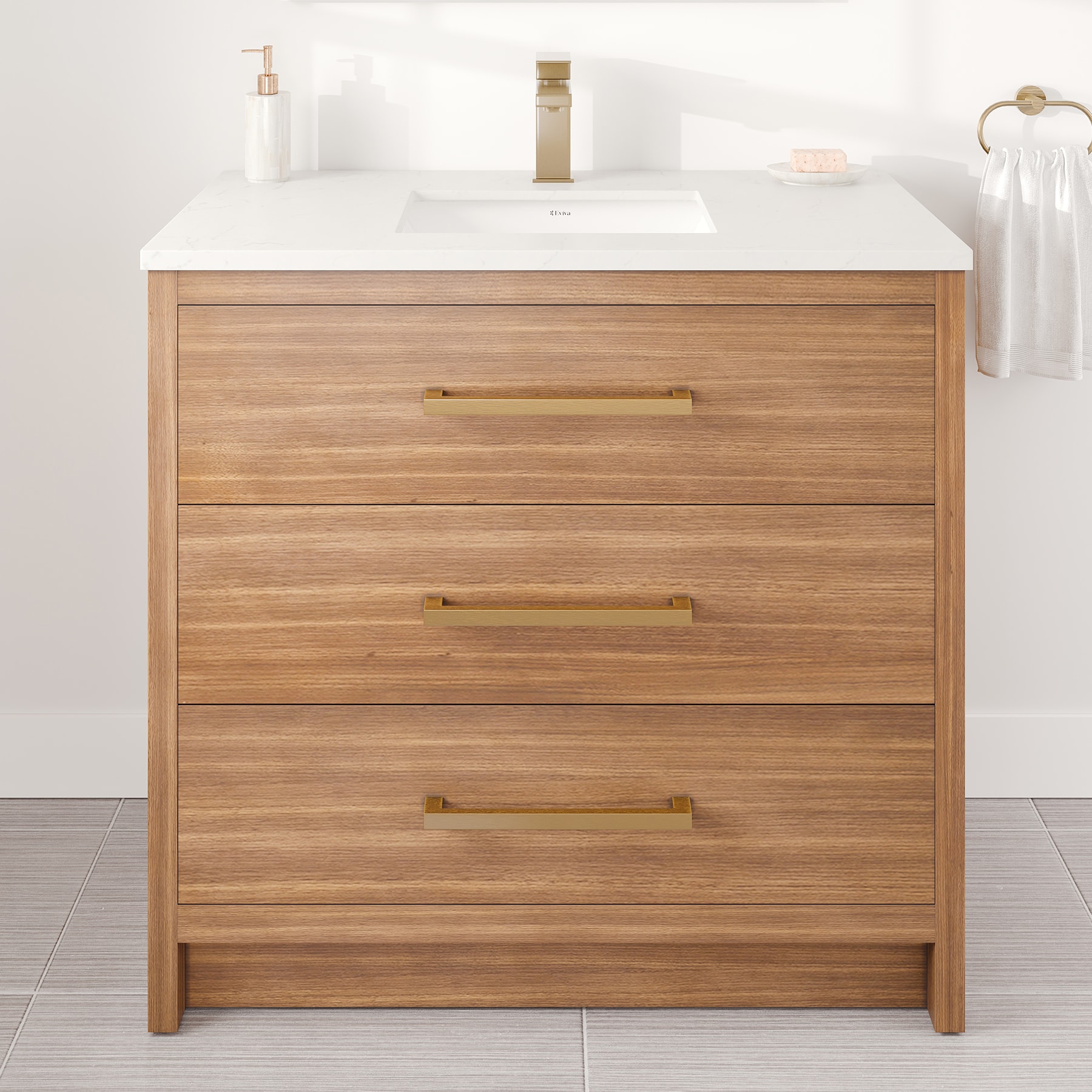 Eviva EVVN812-36X18WN Curio 36-in Walnut Undermount Single Sink Bathroom Vanity with White Quartz Top