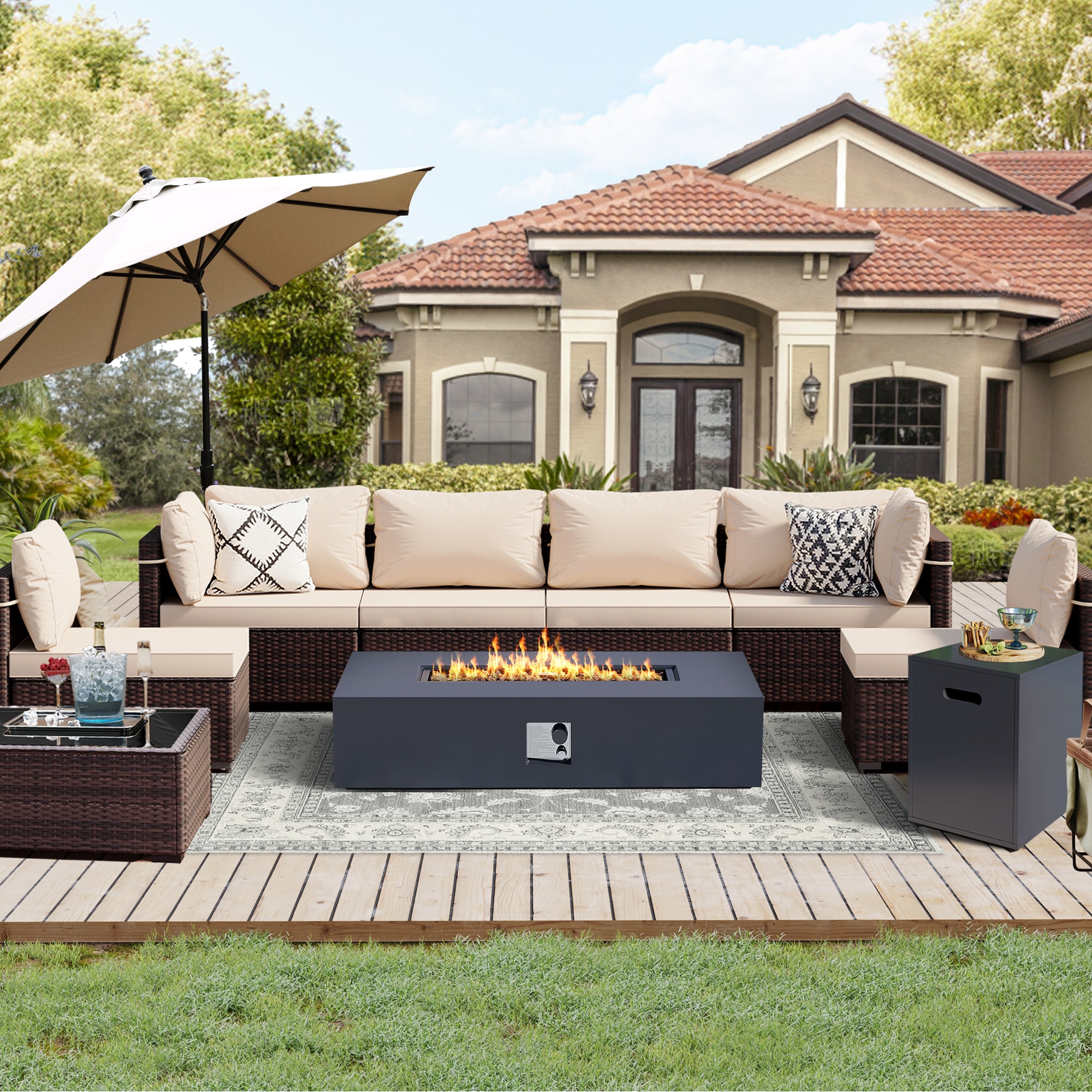 UPHA PL-2CZ-56TPDK-Z1 Brown Wicker Patio Furniture Set 9 -Piece Wicker 4 Patio Sofa Conversation Set with Beige Cushions