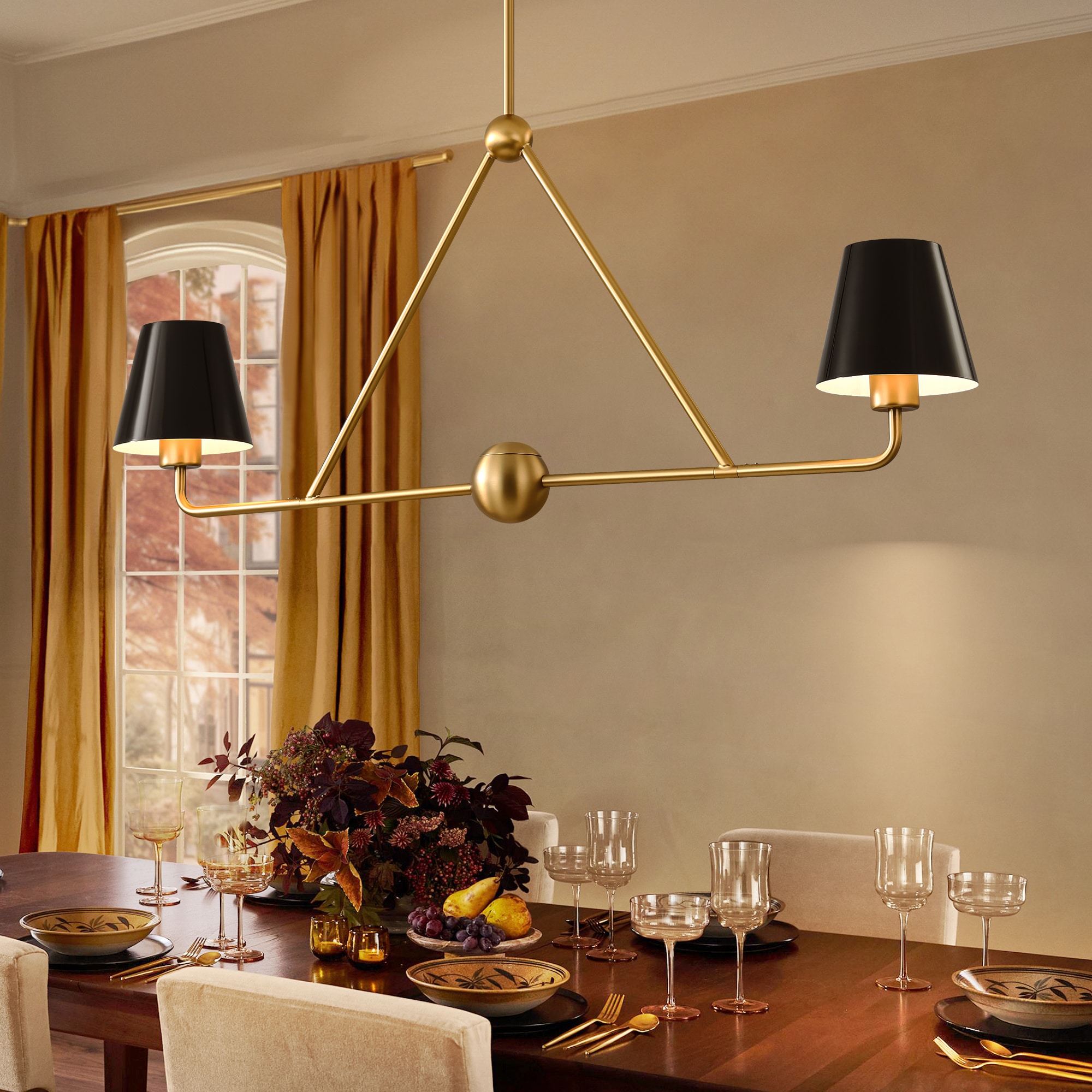 Y'INSP Tamar 2 -Light Brushed Gold Industrial Metal Linear Large Hanging Kitchen Island Light