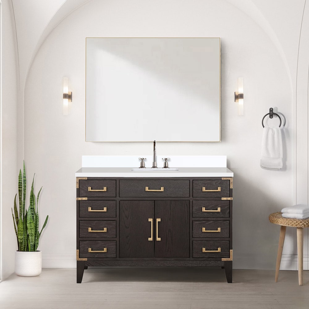 Lexora LVW48SK211 Wilton 48-in Brown Oak Undermount Single Sink Bathroom Vanity with White Quartz Top (Mirror and Faucet Included)